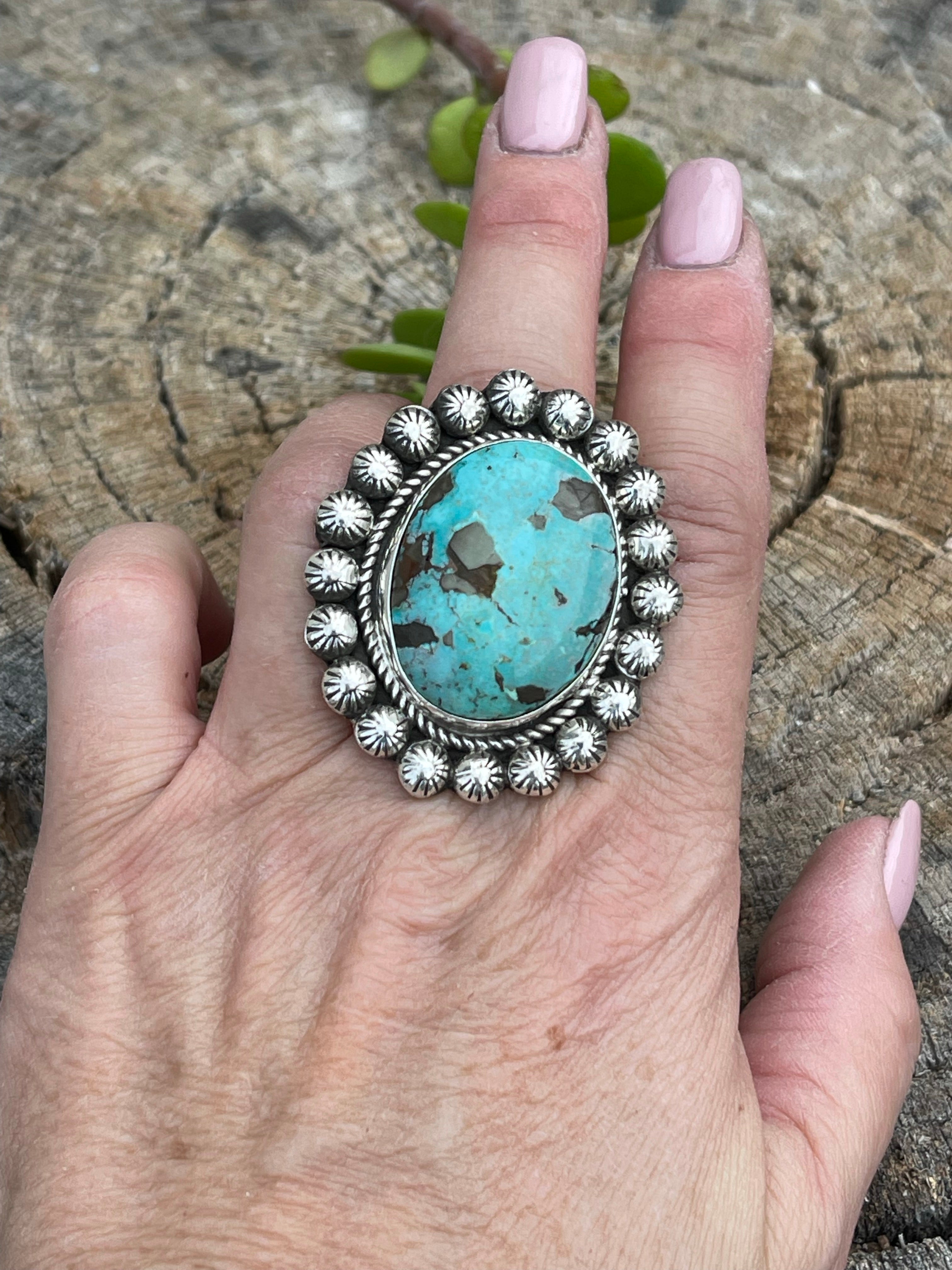 Handcrafted Sterling Silver Turquoise Oval Ring Sz 8
