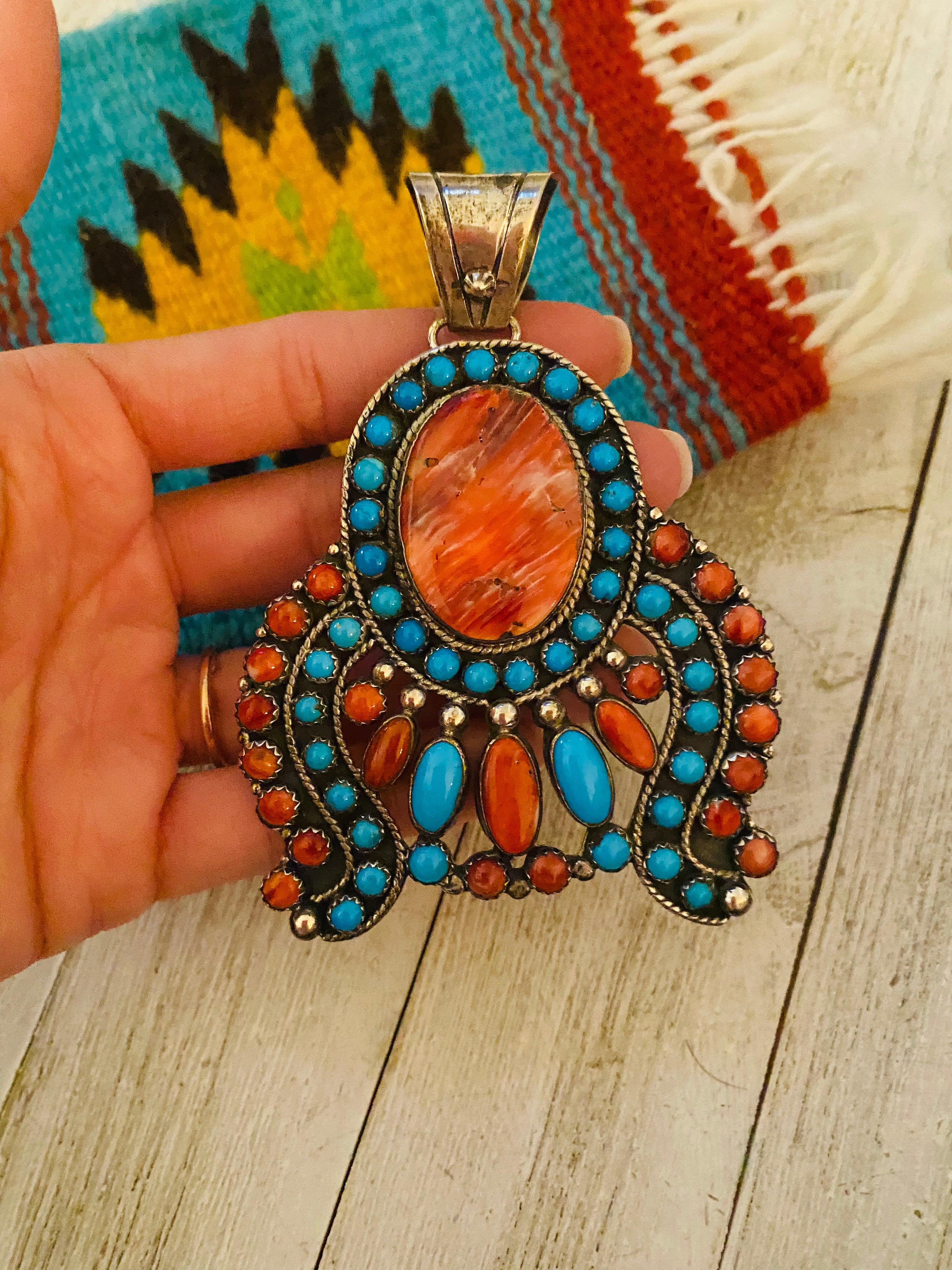 Navajo Sterling Silver & Multi Stone Cluster Pendant by Lorenzo James