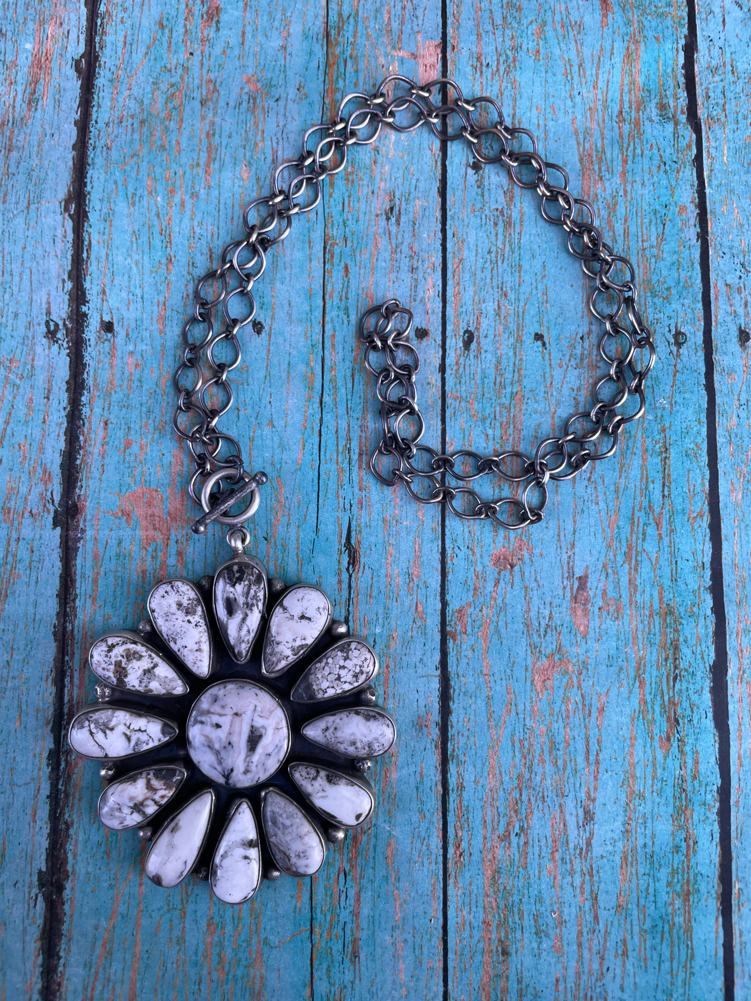 Navajo Sterling Silver And White Buffalo Cluster Necklace By Ella Peter