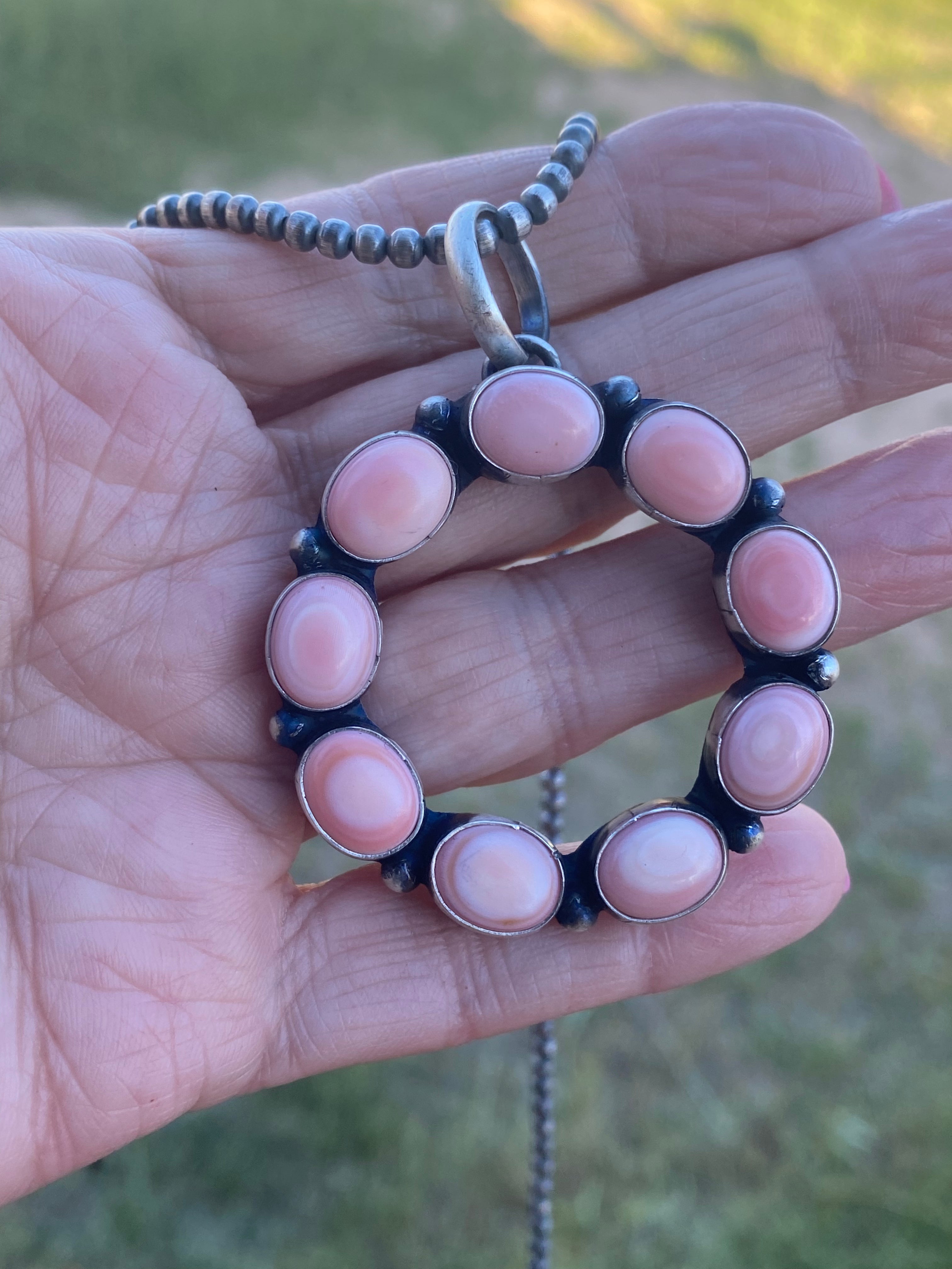 Handcrafted Round Queen Pink Conch & Sterling Silver Pendant Signed