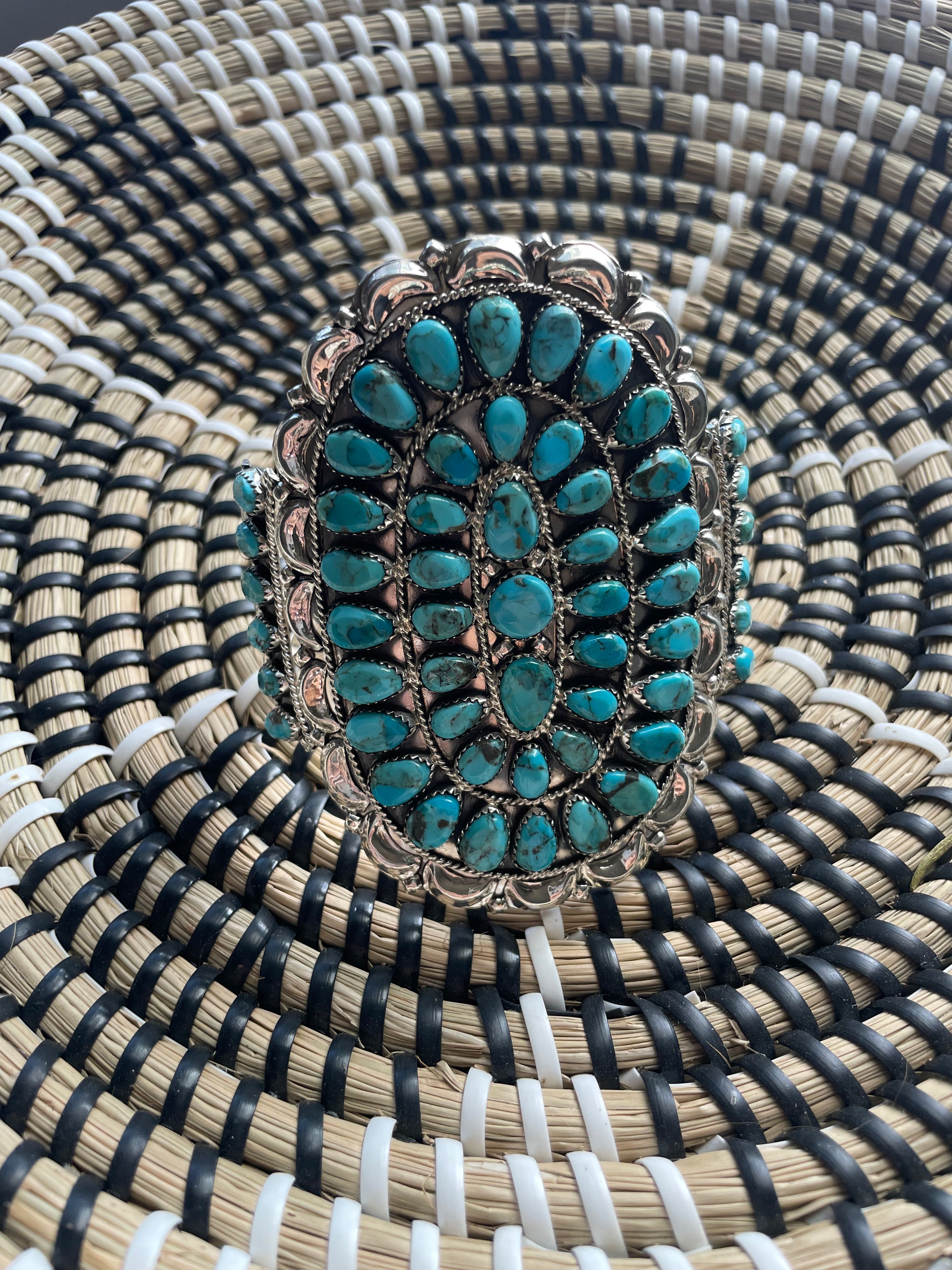 Navajo Sterling Silver & Turquoise Statement Cuff Bracelet Signed /