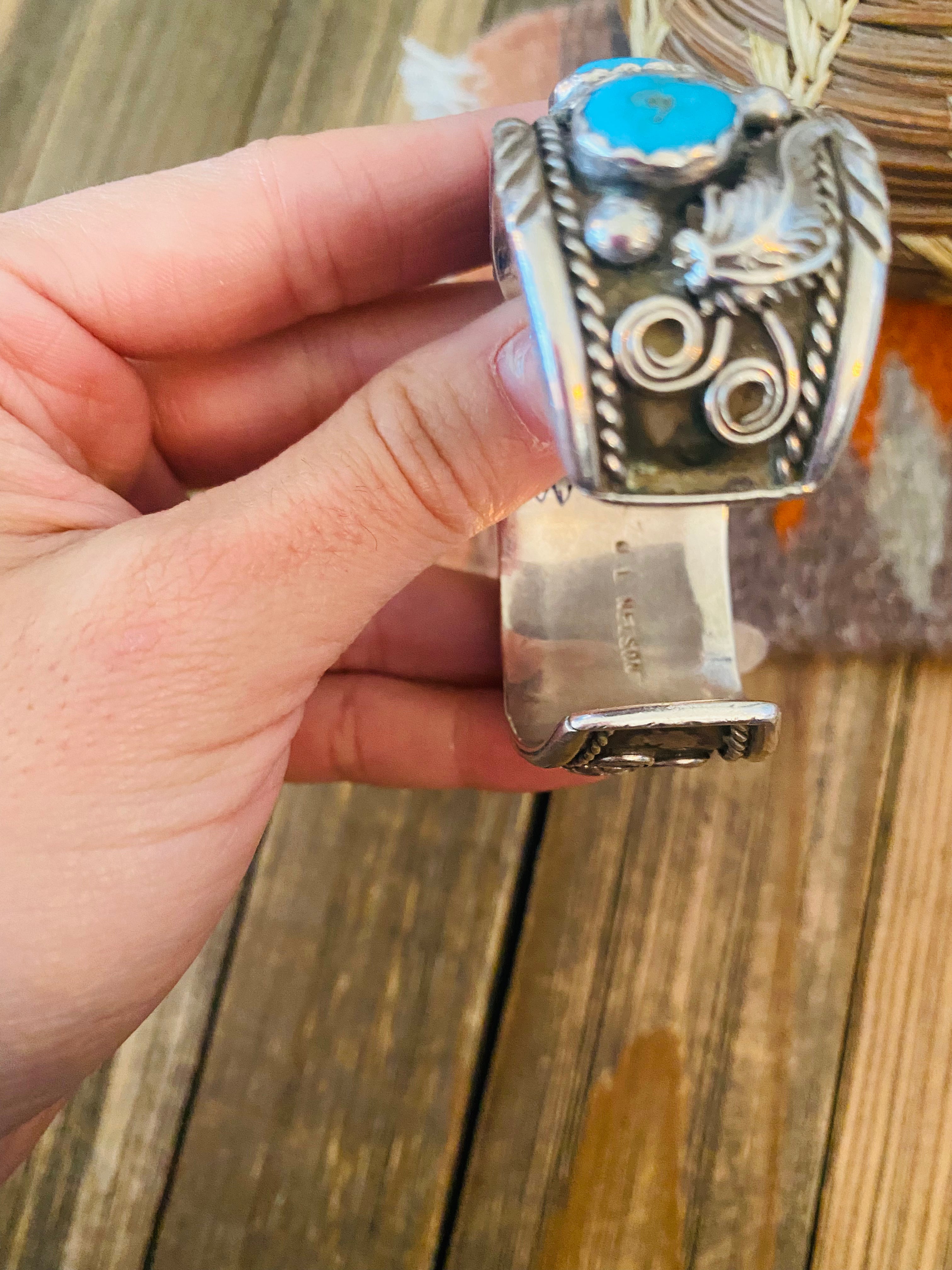 Old Pawn Vintage Navajo Kingman Turquoise & Sterling Silver Watch Cuff