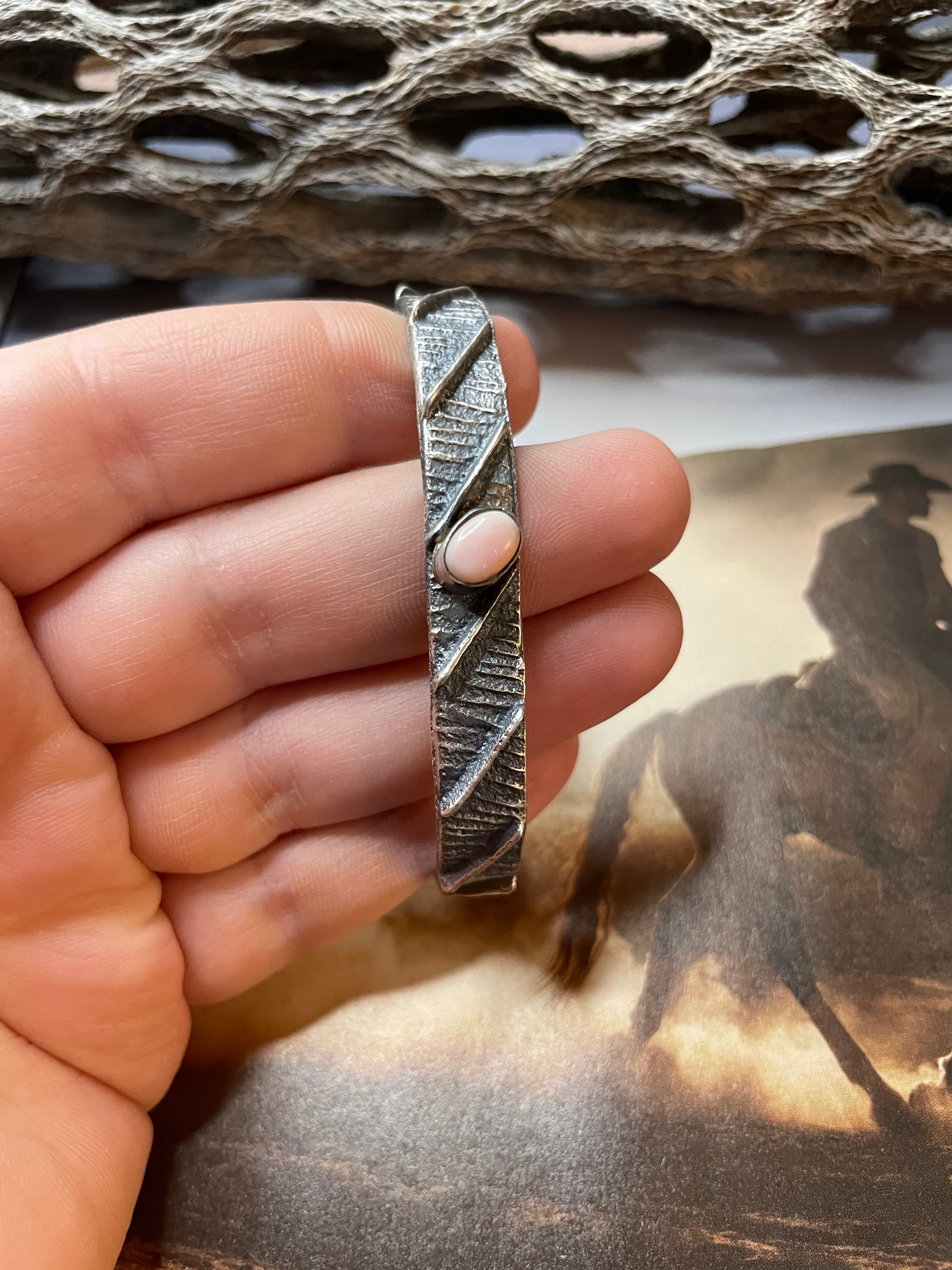 Navajo Pink Conch & Sterling Silver Tufa Cast Cuff Bracelet Signed