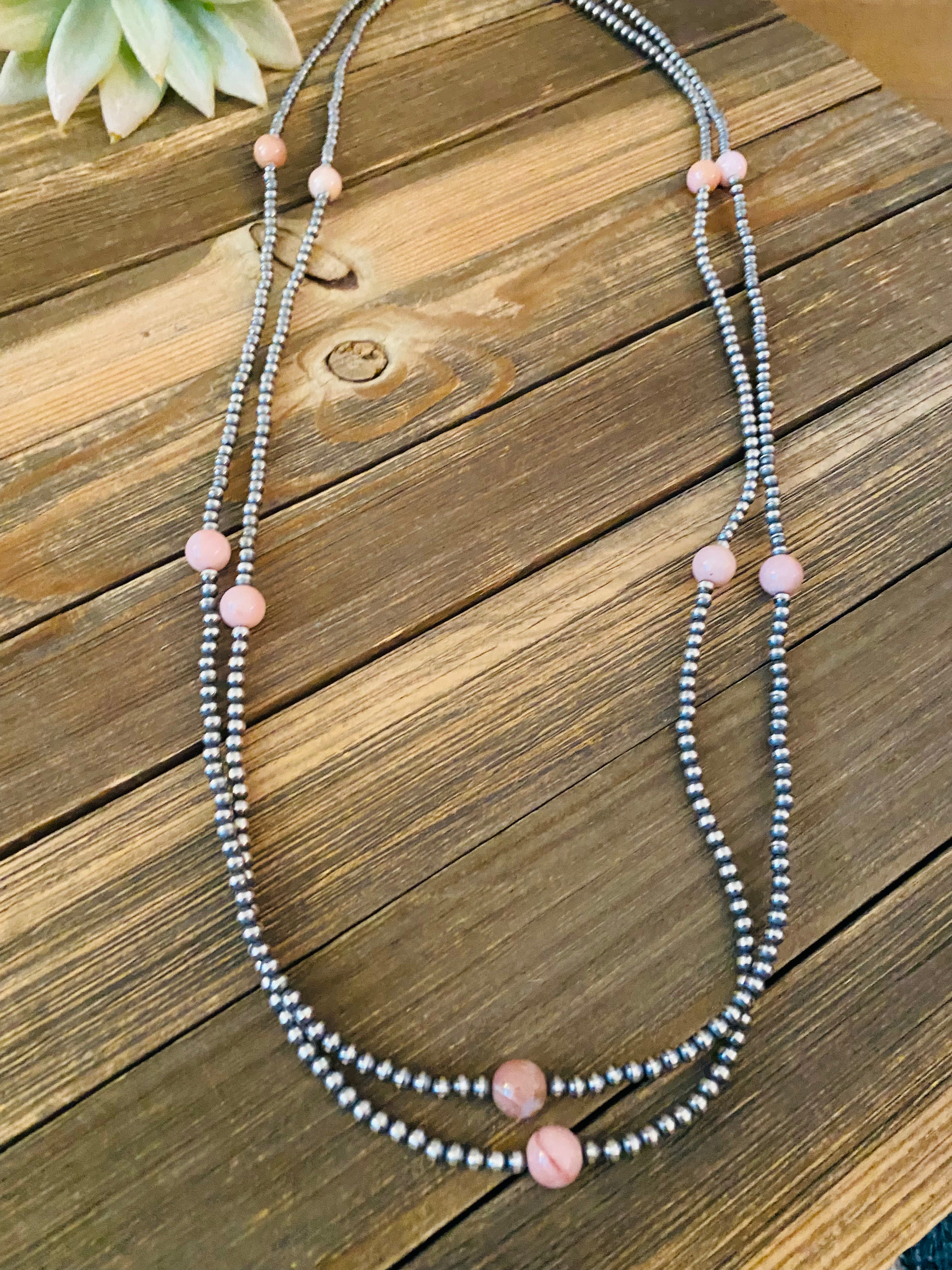 Handcrafted Sterling Silver Pearl & Pink Opal Beaded Necklace 72 inch