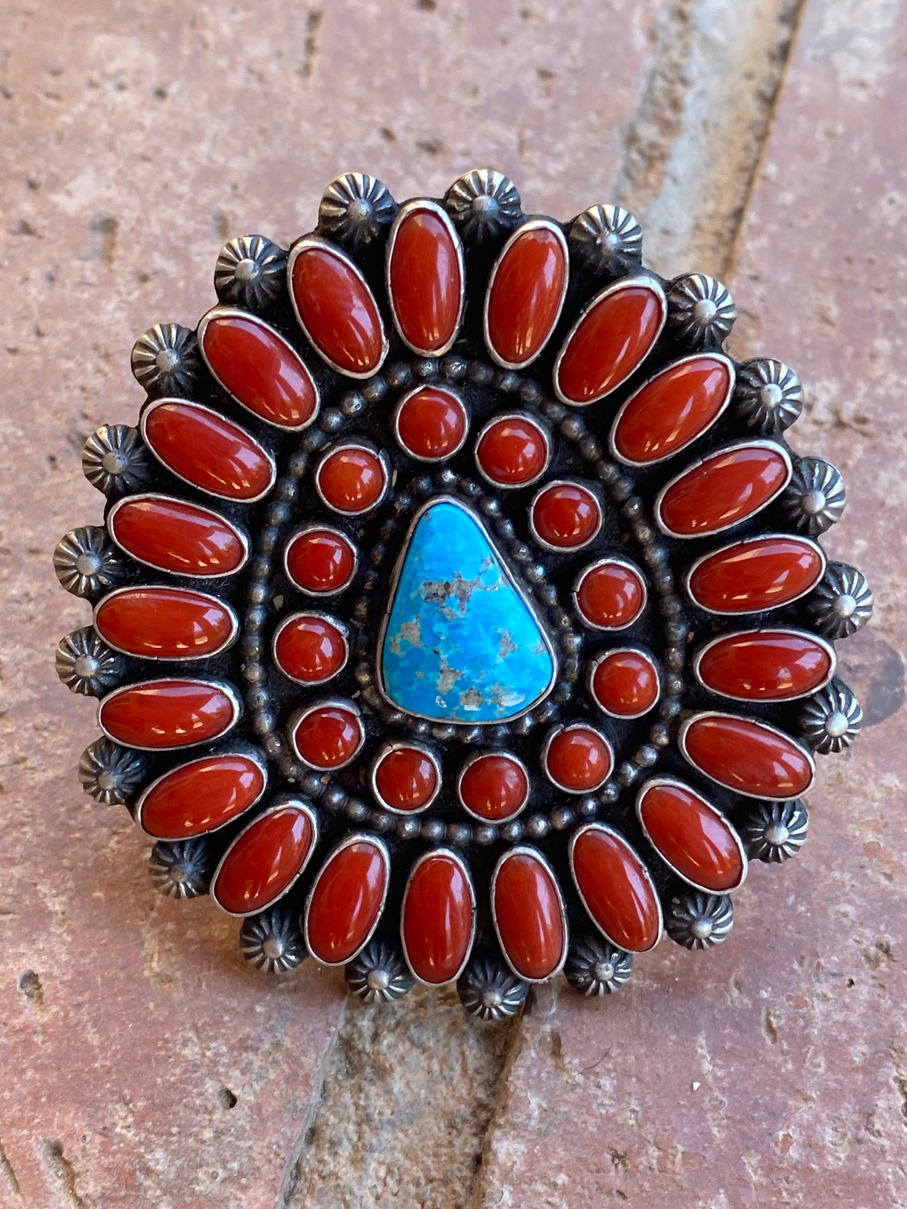 Shawn Cayatenito Cluster Turquoise & Coral Sterling Silver Ring Sz 10 Signed