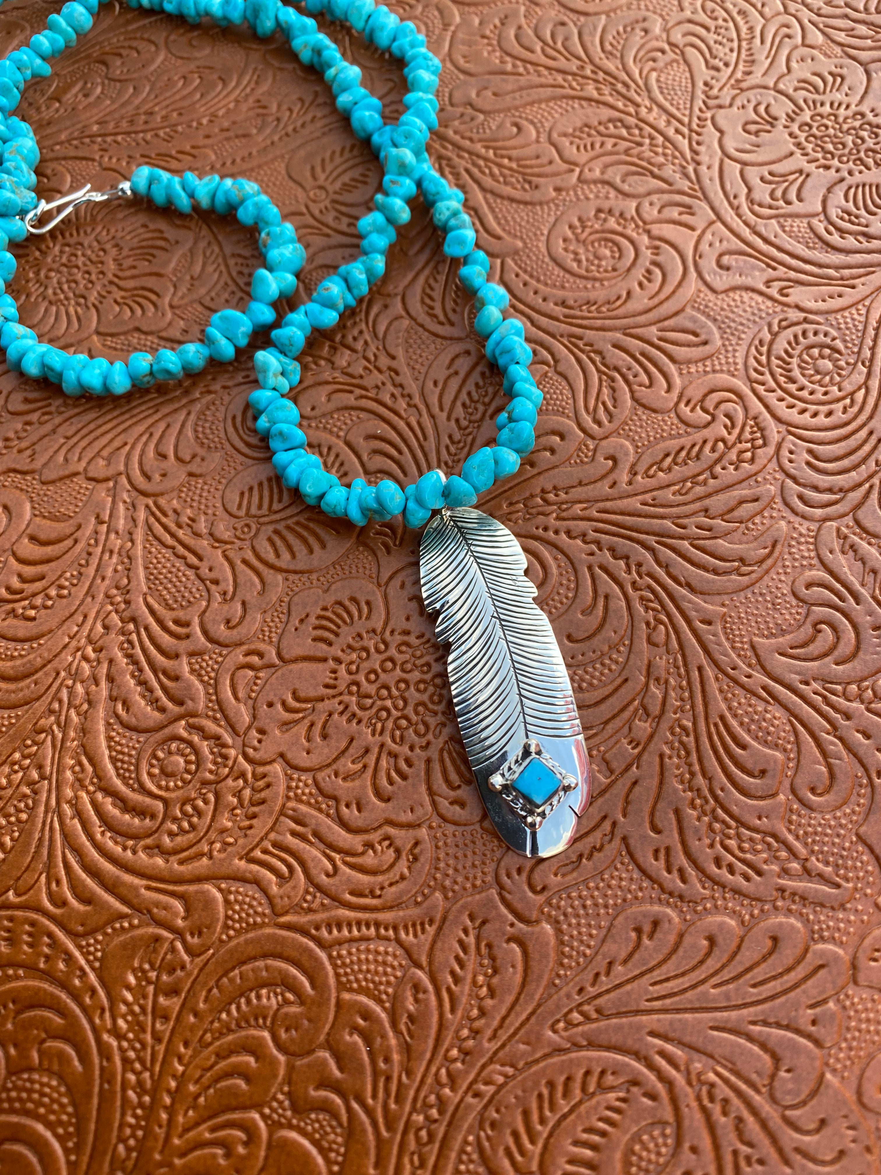 Handcrafted Kingman Turquoise & Sterling Silver Feather Pendant