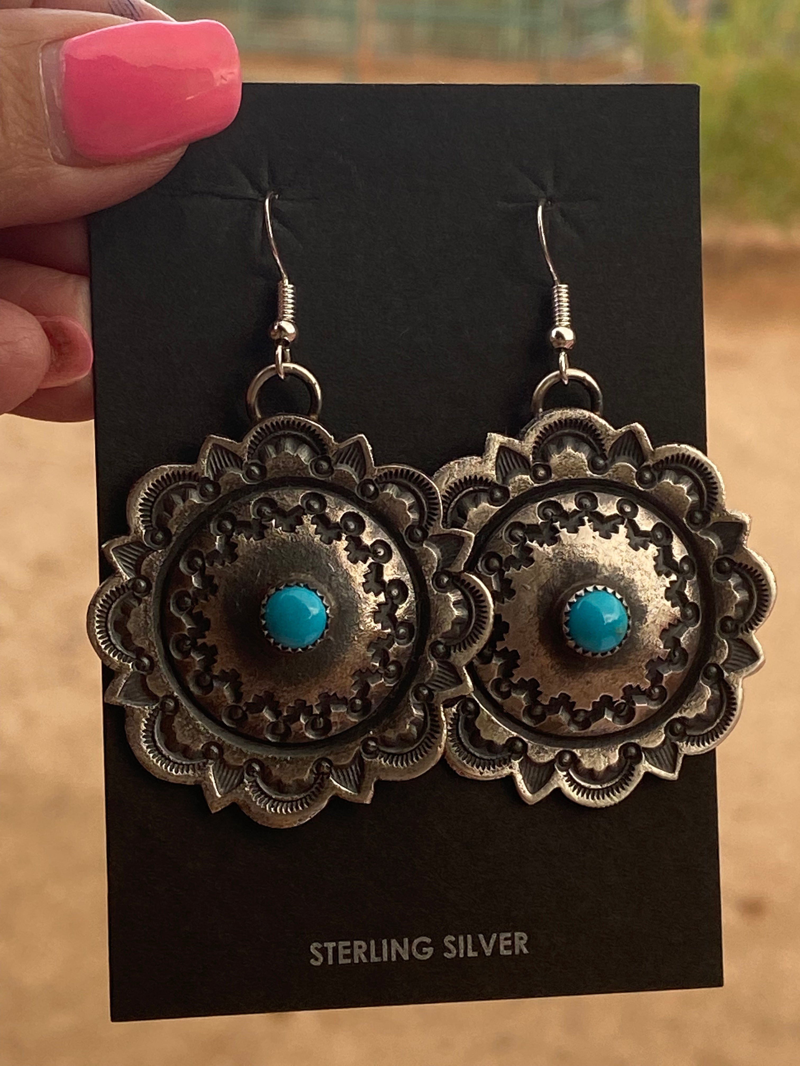 Handcrafted Turquoise & Sterling Silver Concho Dangle Earrings By Kevin Billah