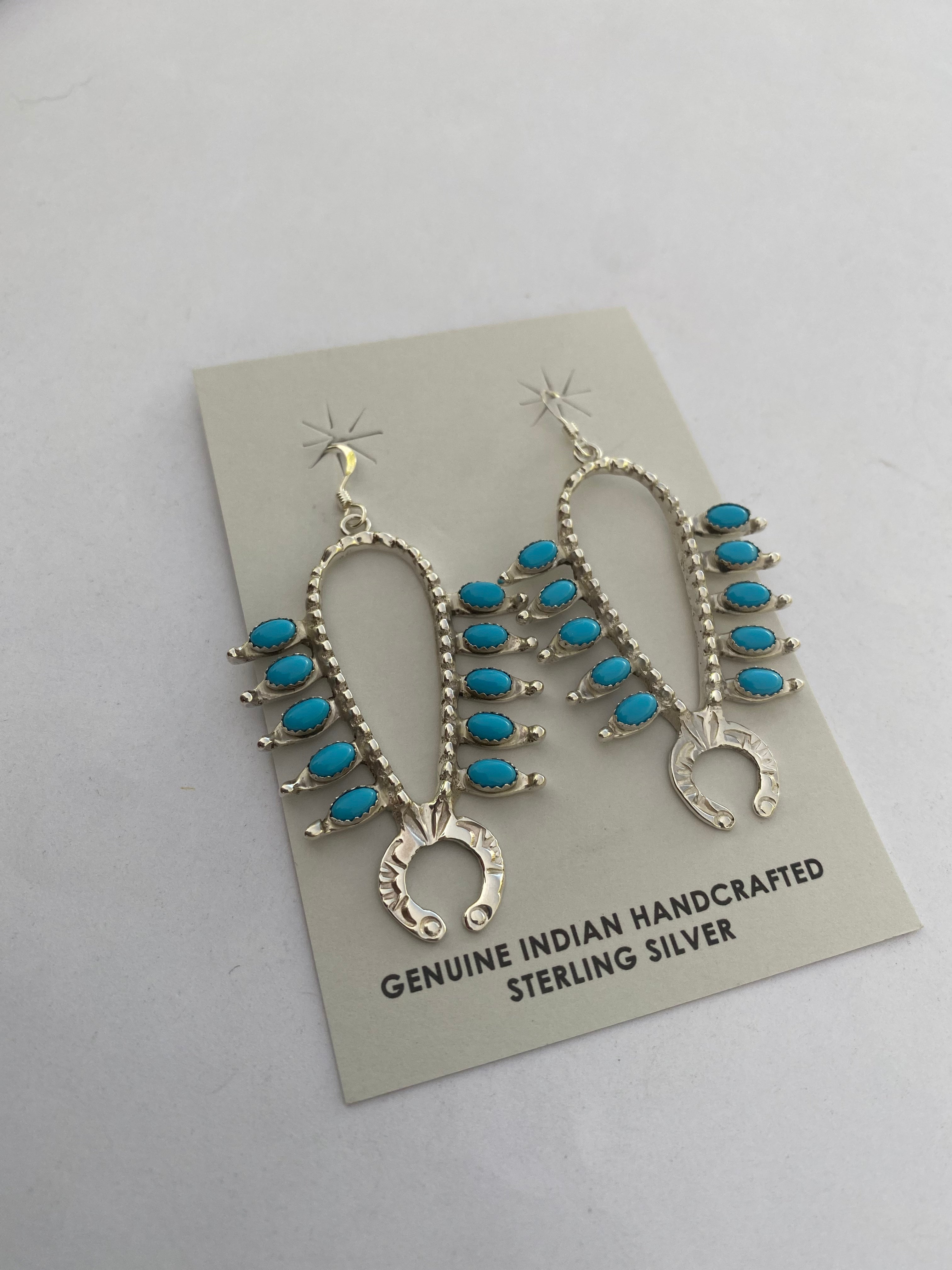 Handcrafted Sterling Silver & Turquoise Squash Blossom Earrings