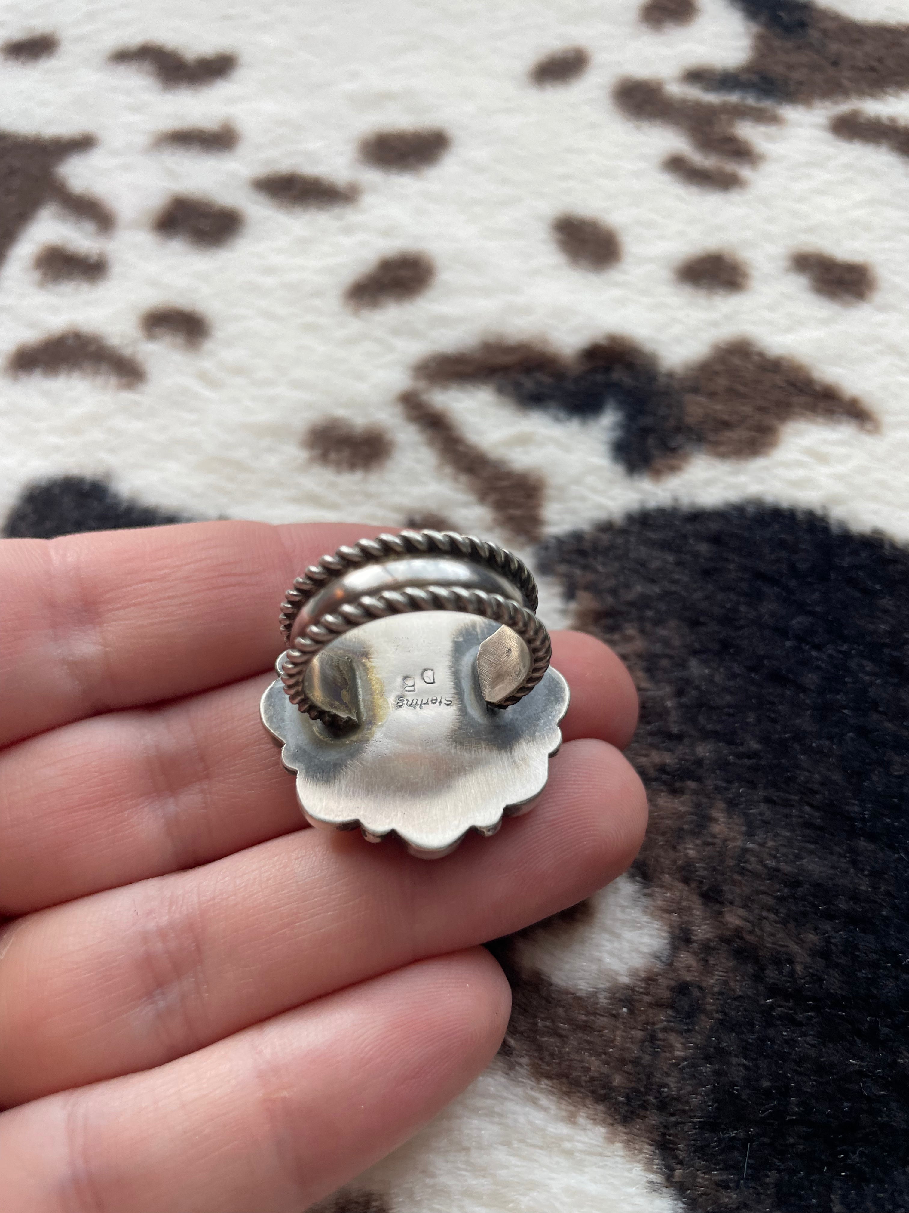 Handcrafted Sterling Silver, Black Onyx, Pink Conch Flower Cluster Adjustable Rings Signed