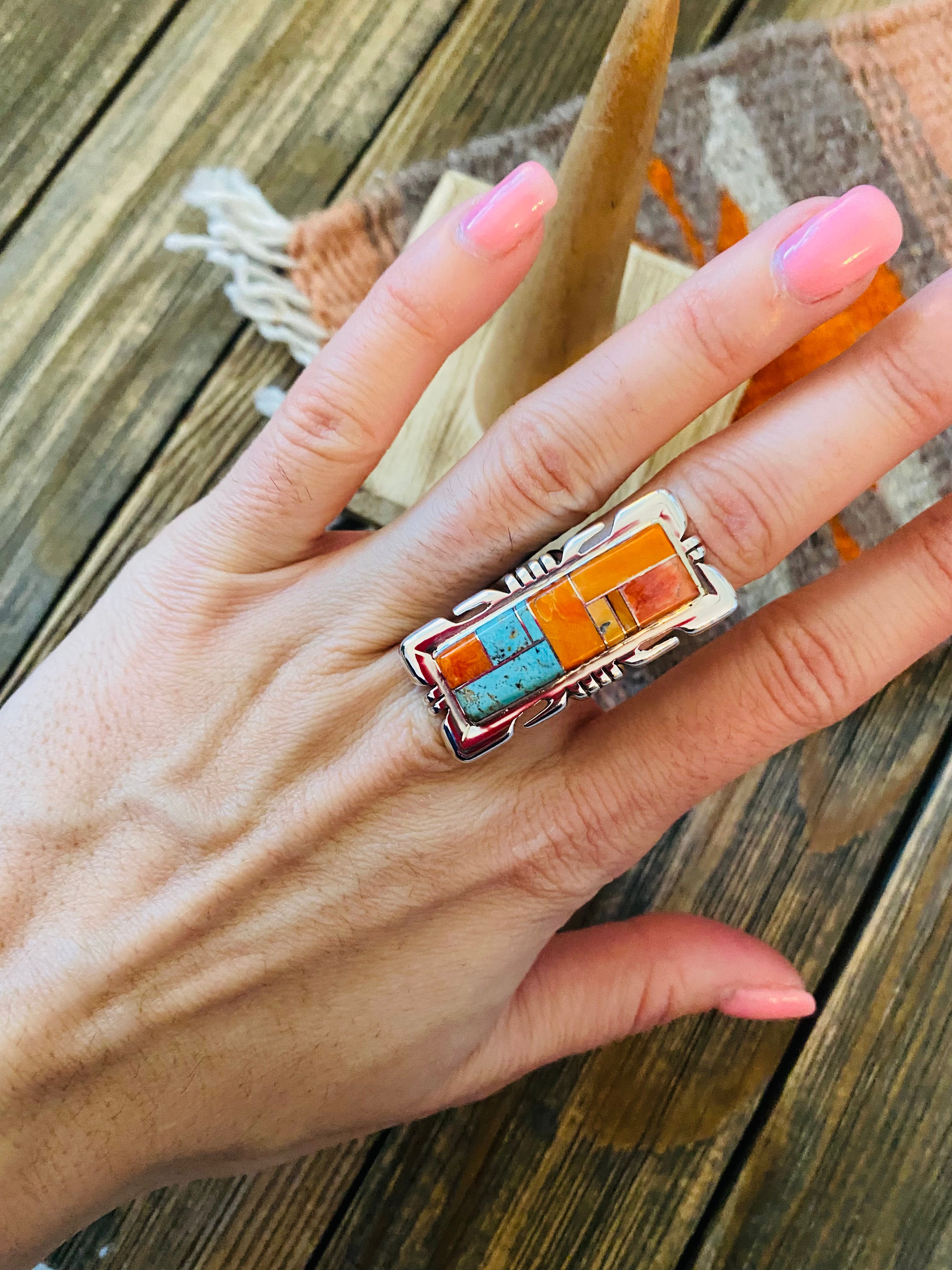 Navajo Sterling Silver, Orange Spiny & Turquoise Inlay Ring Size 6.5