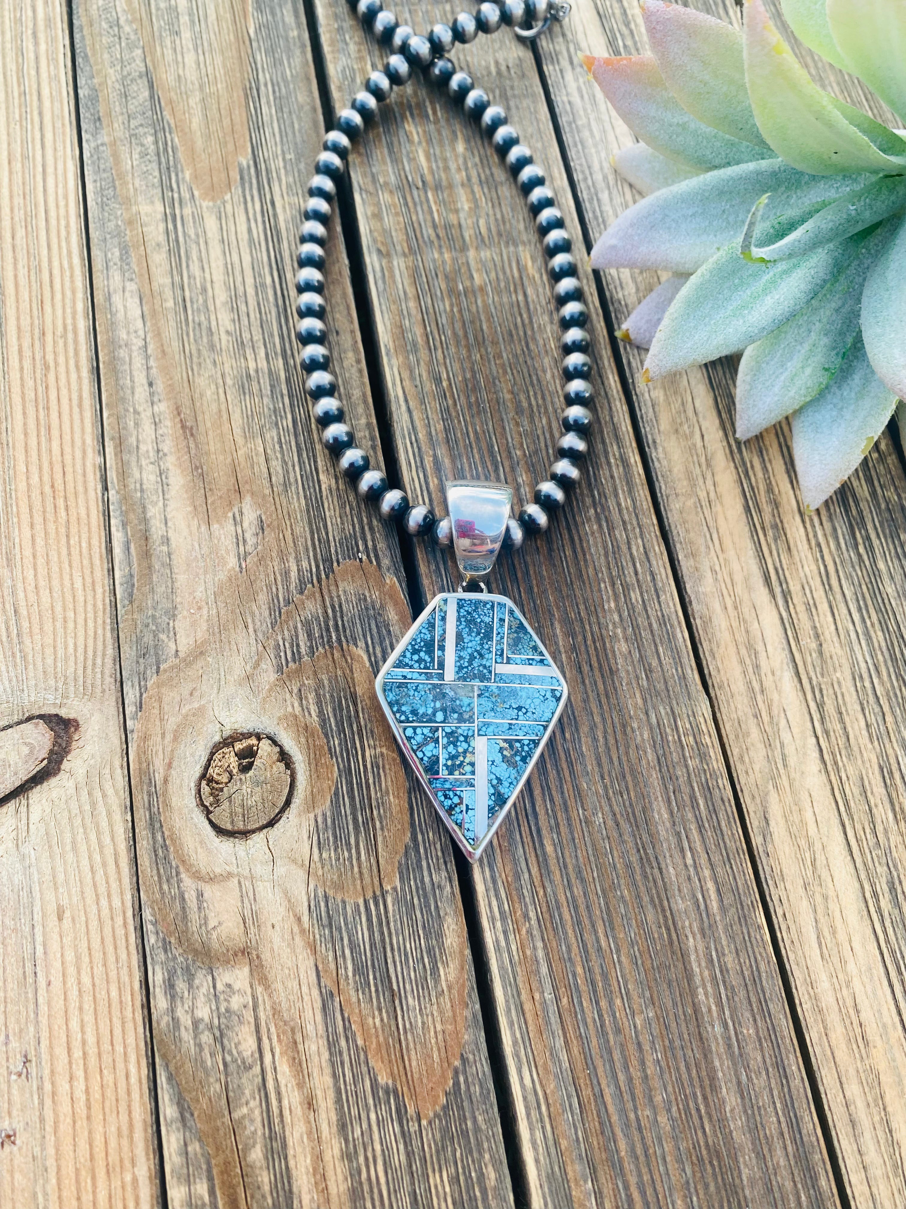 Handcrafted Blue Moon Turquoise and Sterling Silver Inlay Pendant