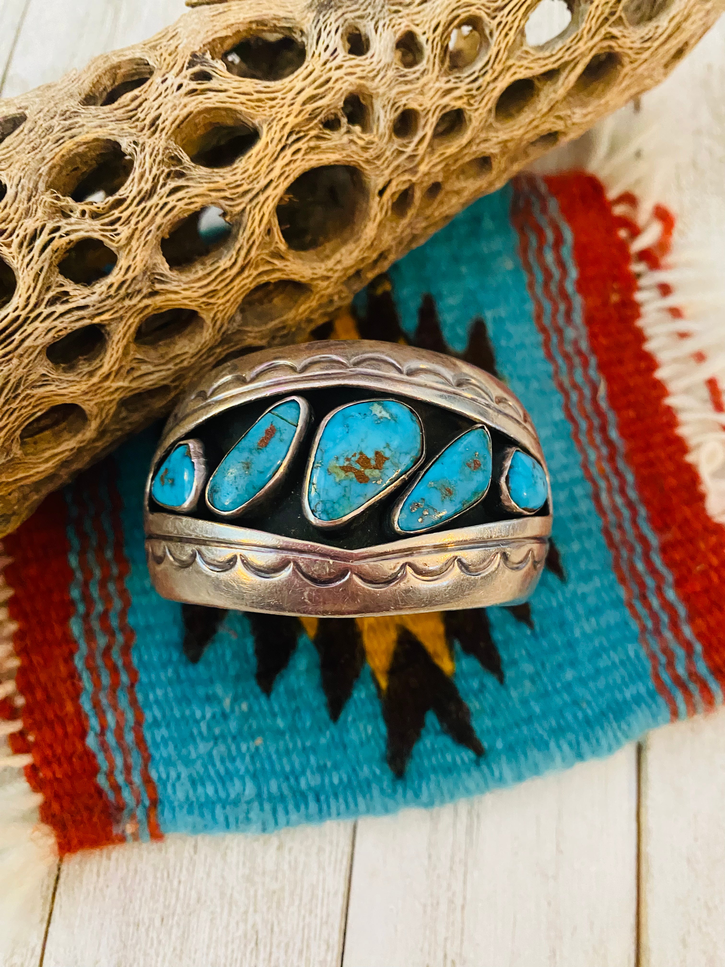 Navajo Old Pawn Vintage Turquoise & Sterling Silver Cuff Bracelet /