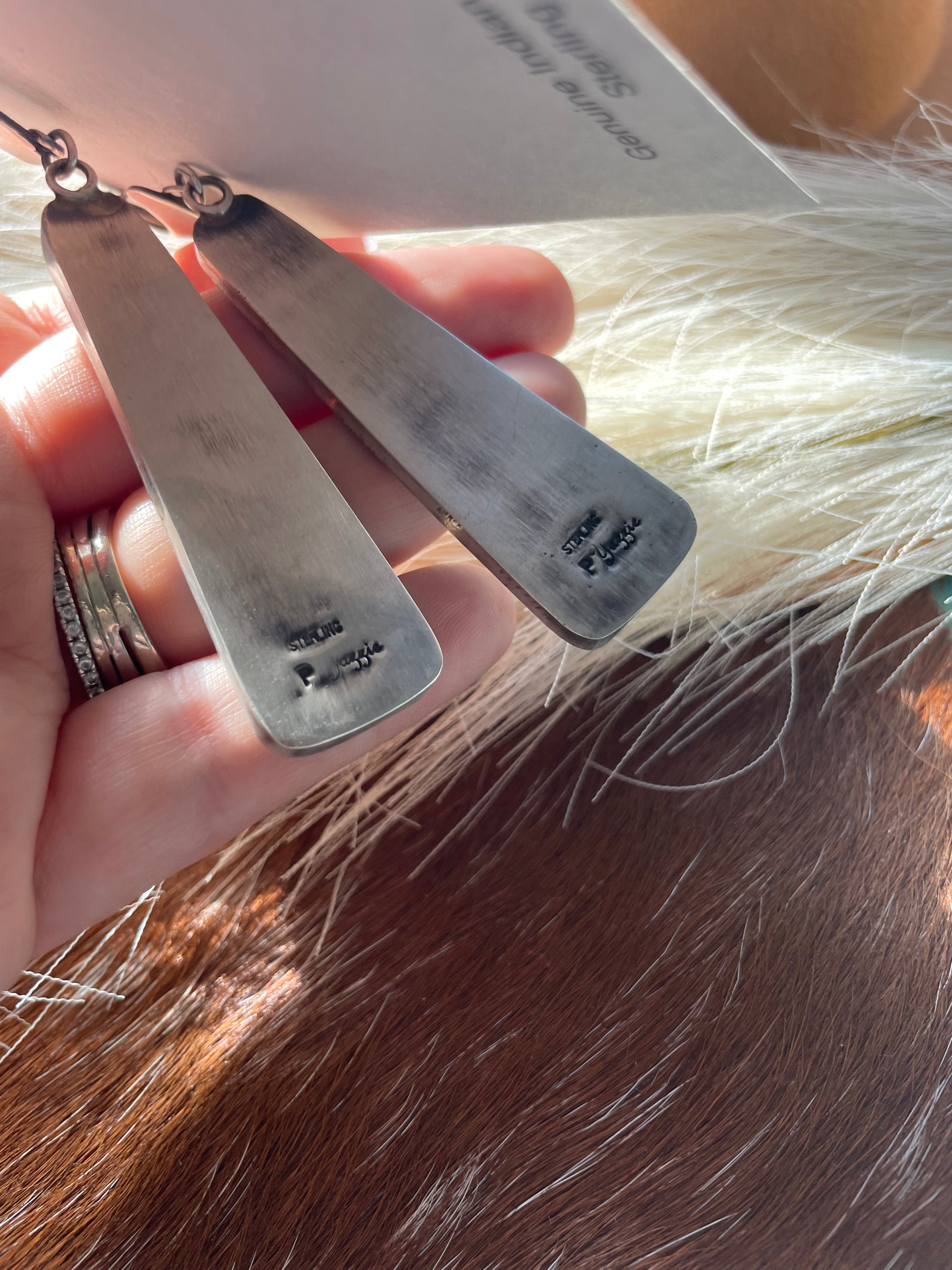 Handcrafted Turquoise & Sterling Silver Moon Slab Dangles Signed P Yazzie