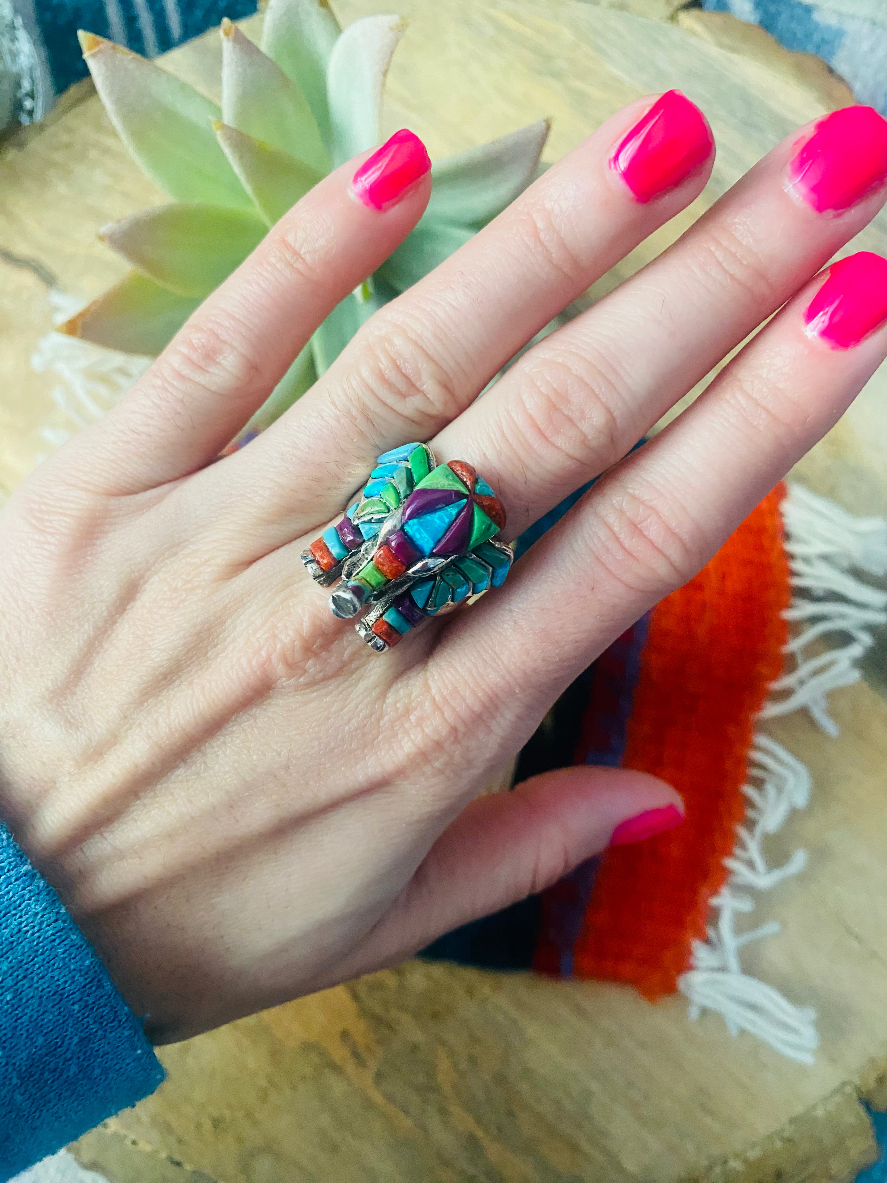 Handmade Sterling Silver & Multi Stone Inlay Elephant Ring Size 6.75