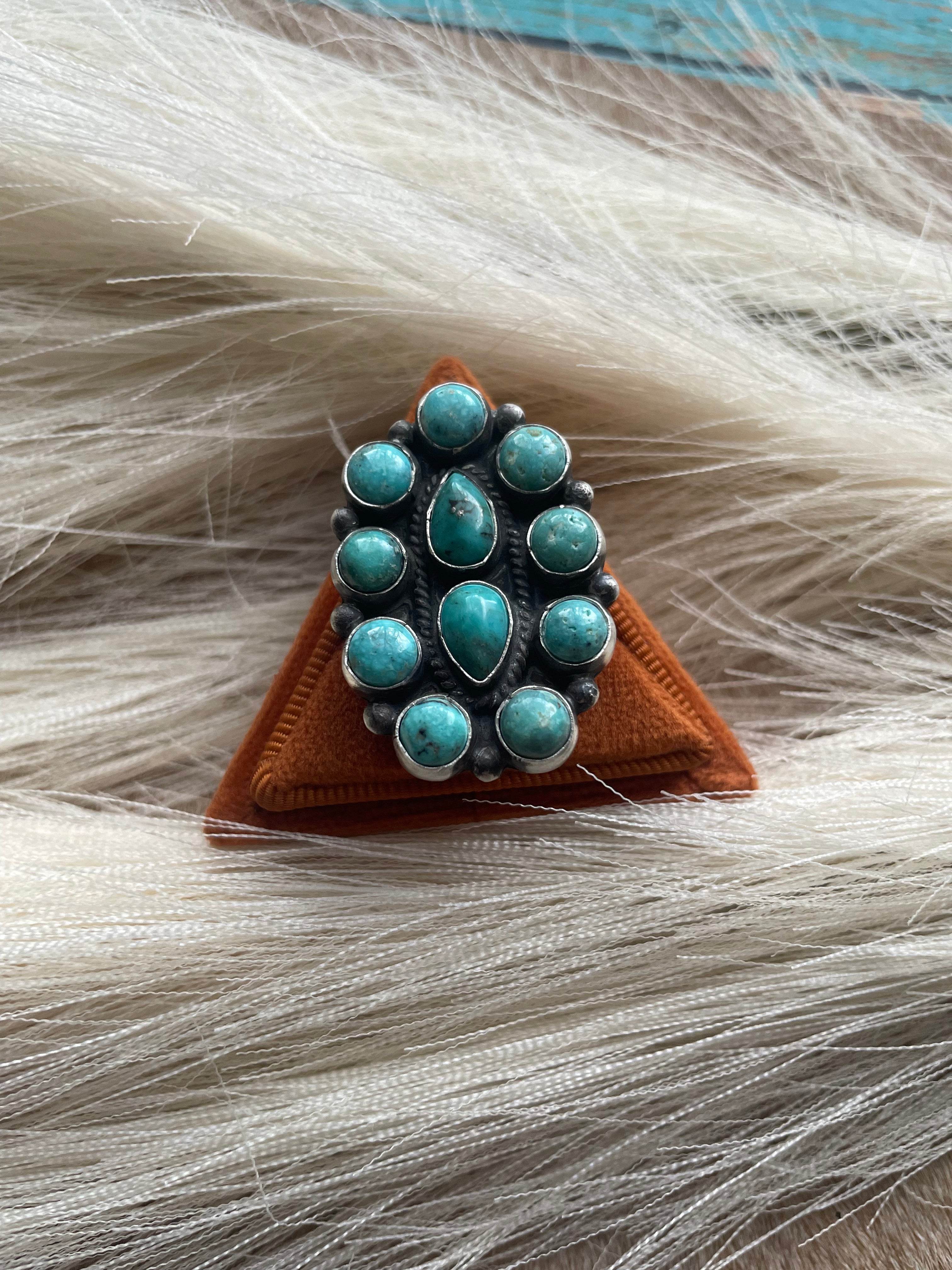 Handcrafted Sterling Silver And Turquoise Beautiful Adjustable Cluster Rings