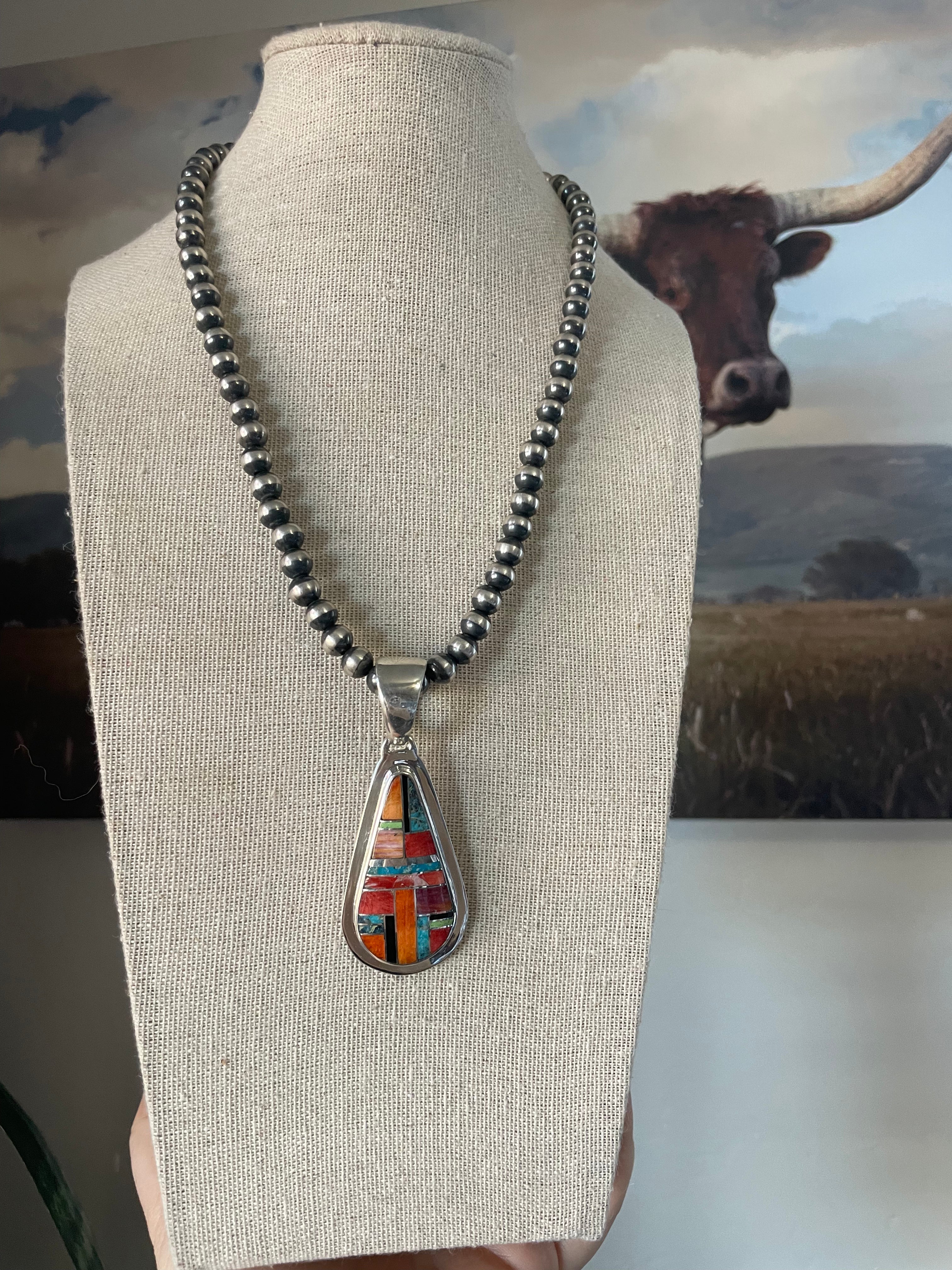 Handcrafted Multi Stone Inlay & Sterling Silver Pendant Signed