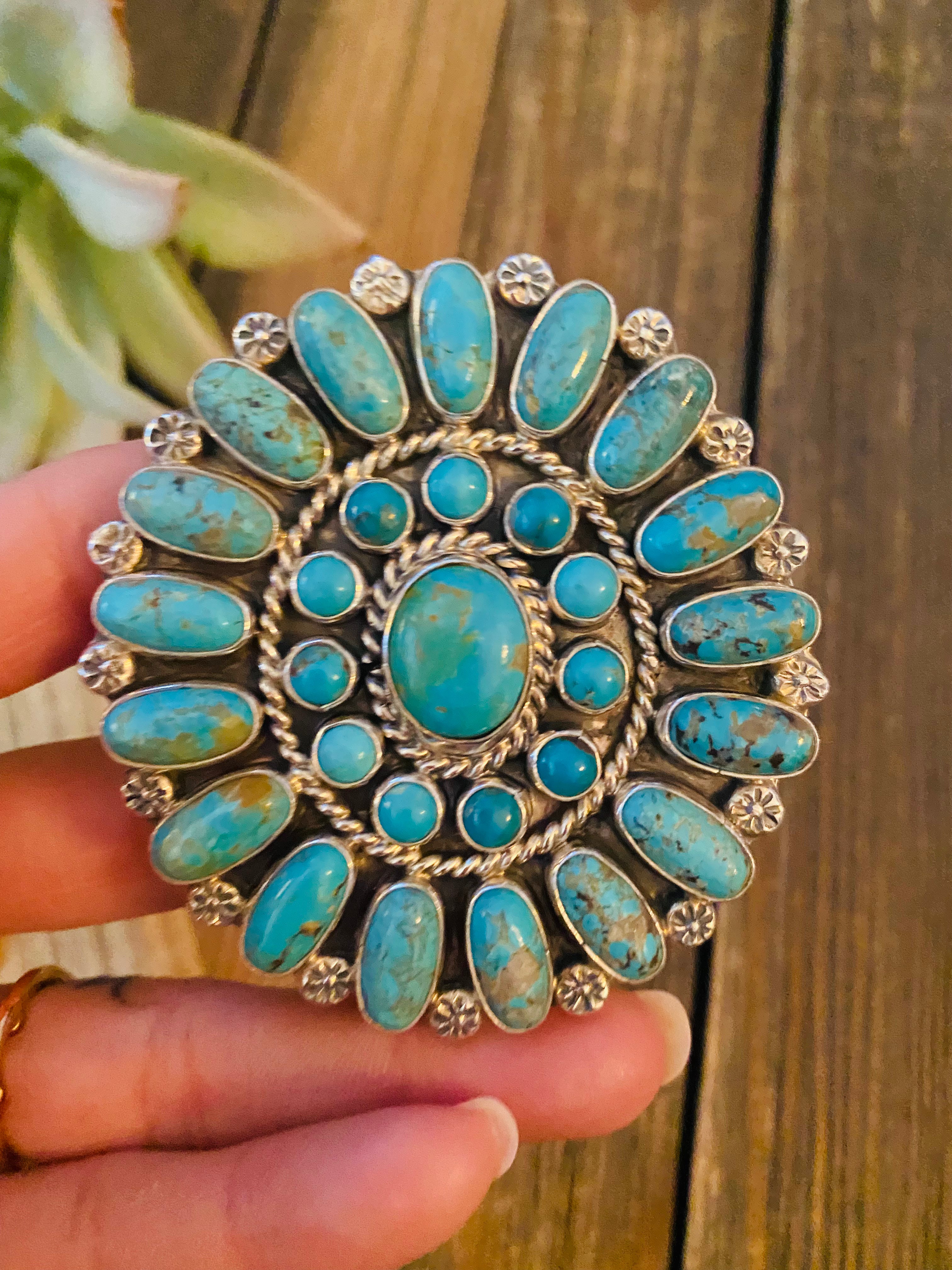 Handcrafted Kingman Turquoise & Sterling Silver Adjustable Cluster Ring