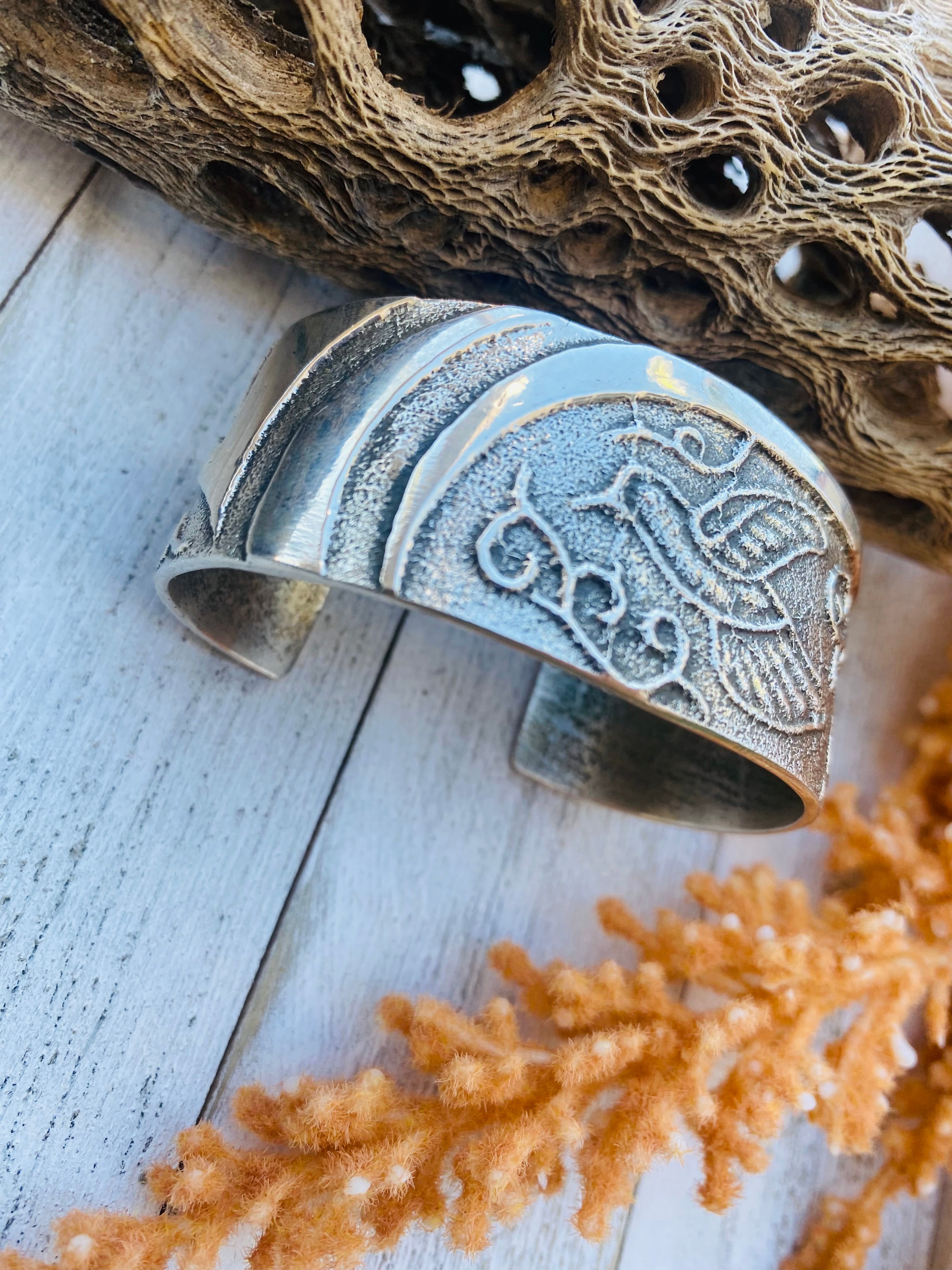 Handcrafted Vintage Sterling Silver Tufa Cast Hummingbird Cuff Bracelet
