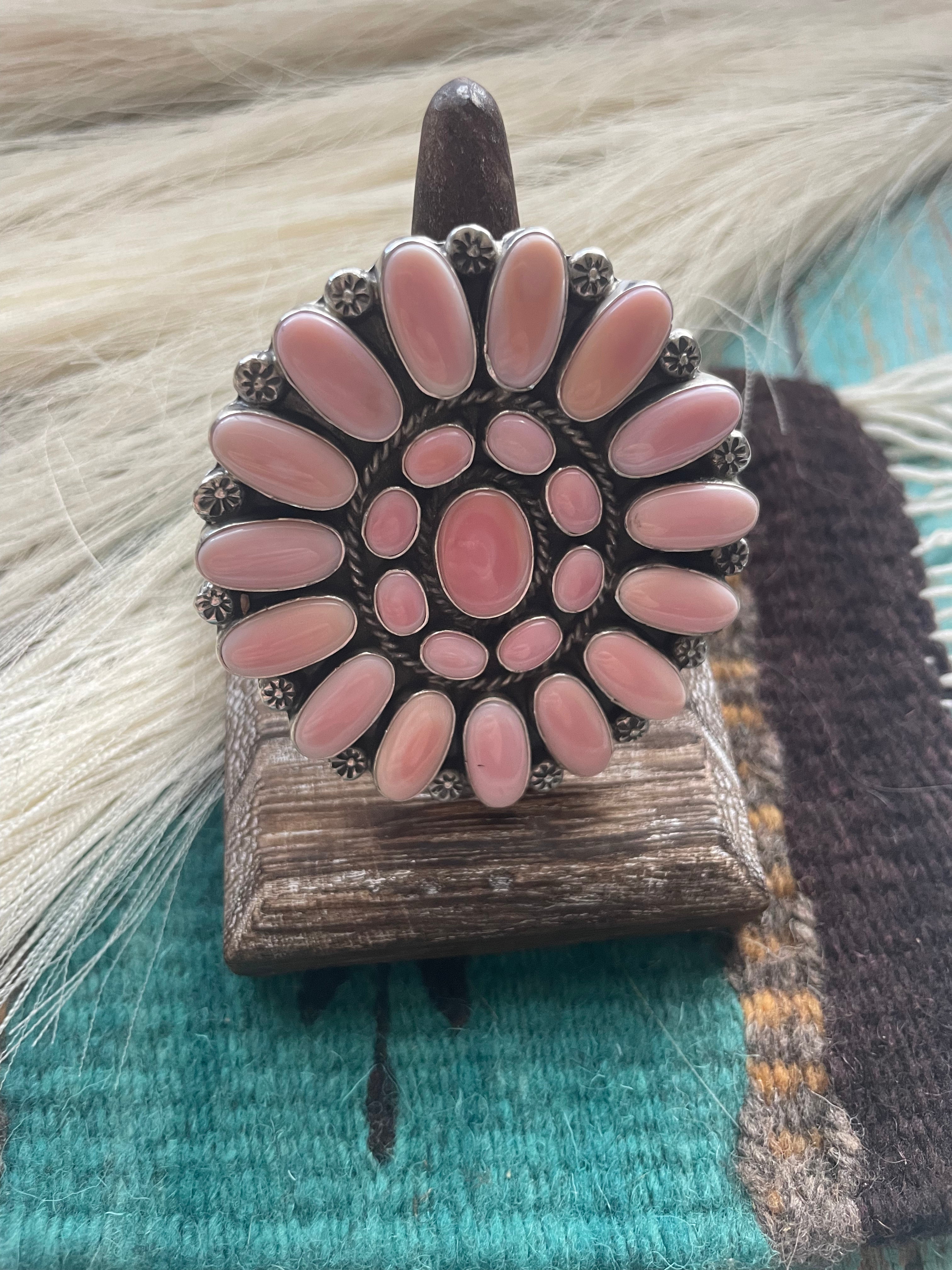 Handcrafted Sterling and Queen Pink Conch Shell Adjustable Statement Ring Signed C Yazzie