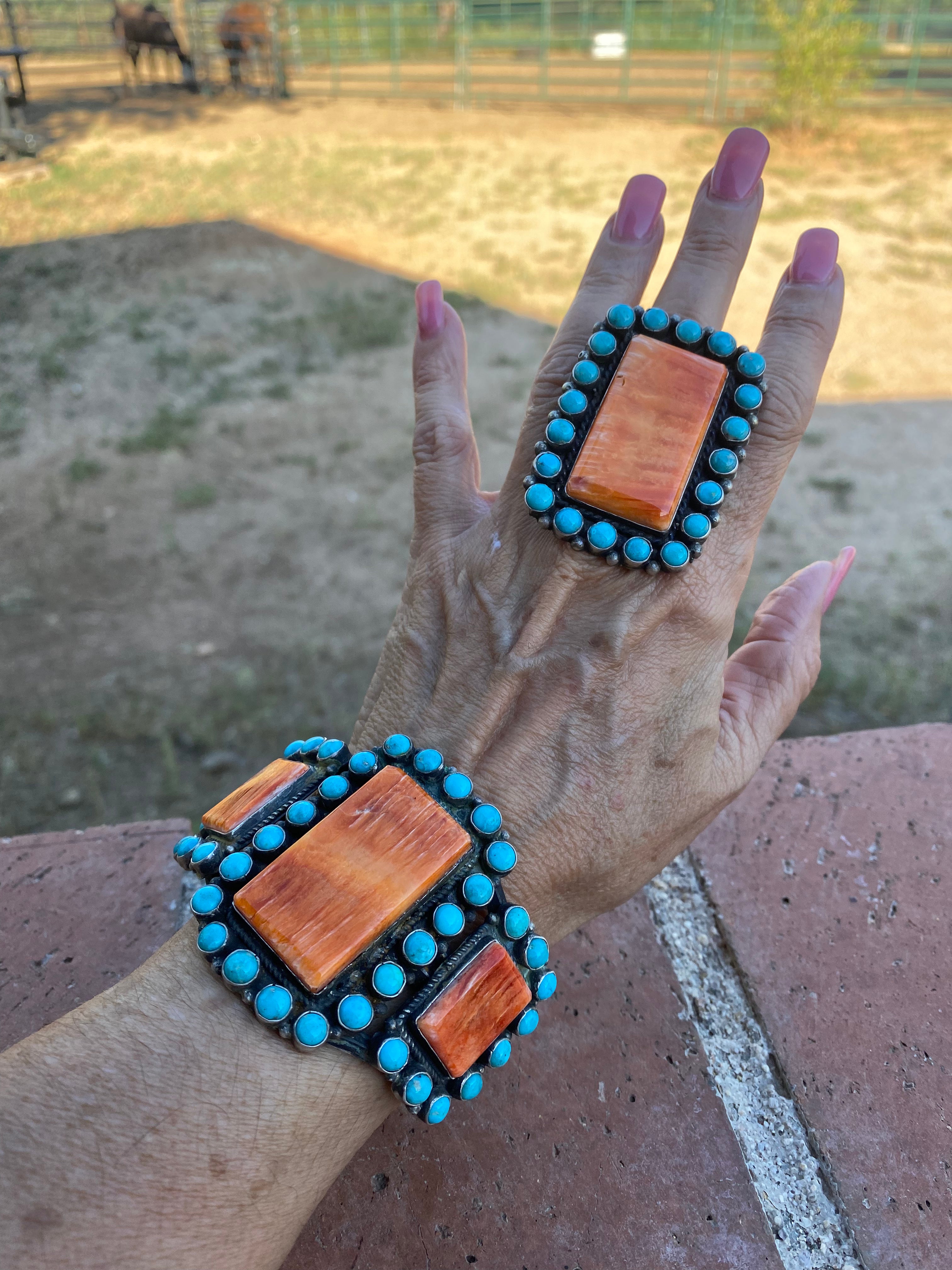 Navajo Cluster Turquoise Spiny Oyster Sterling Silver Ring Sz 8