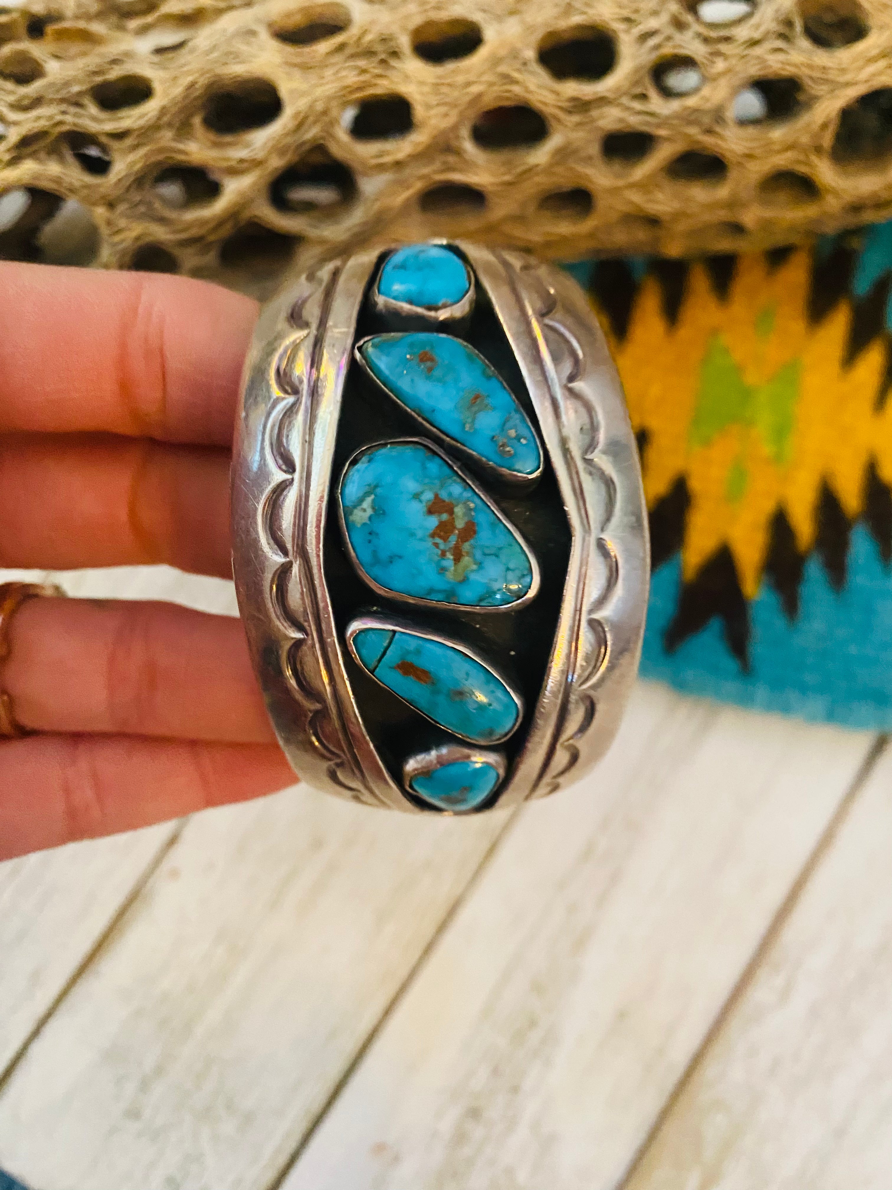 Navajo Old Pawn Vintage Turquoise & Sterling Silver Cuff Bracelet /