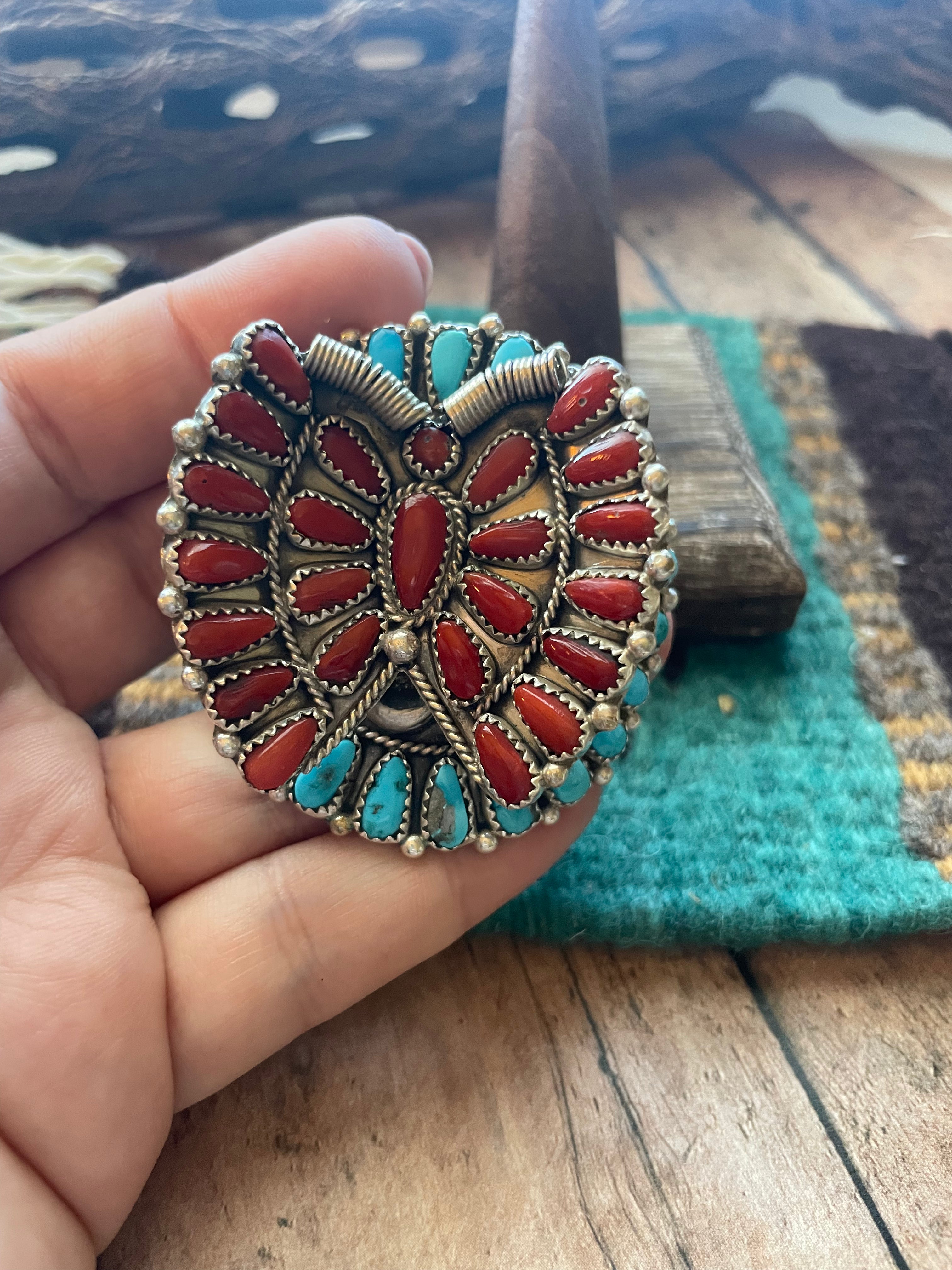Handcrafted Natural Coral, Kingman Turquoise And Sterling Silver Adjustable Butterfly Ring Signed Janie Wilson