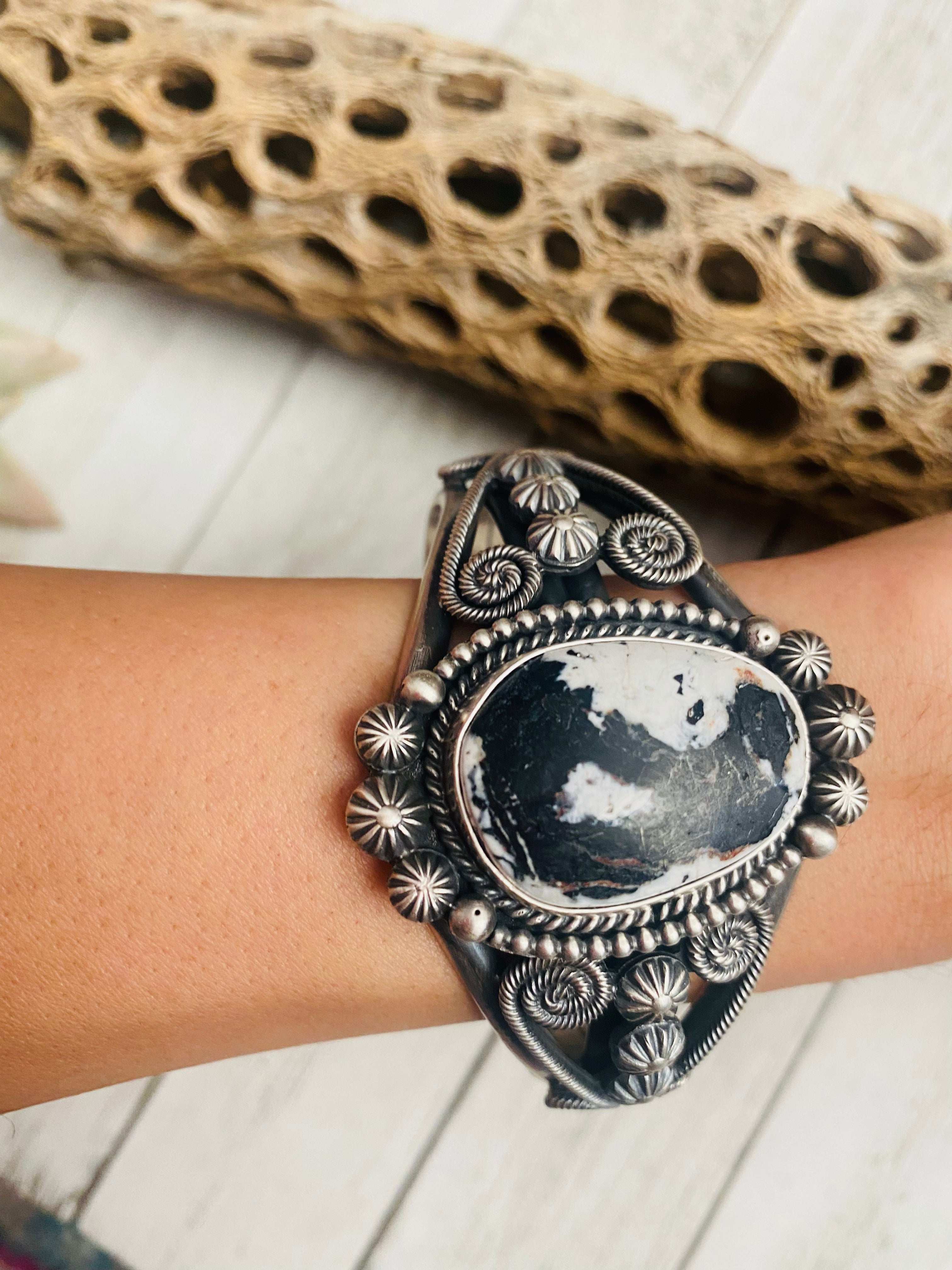 White Buffalo & Sterling Silver Cuff Bracelet Signed /