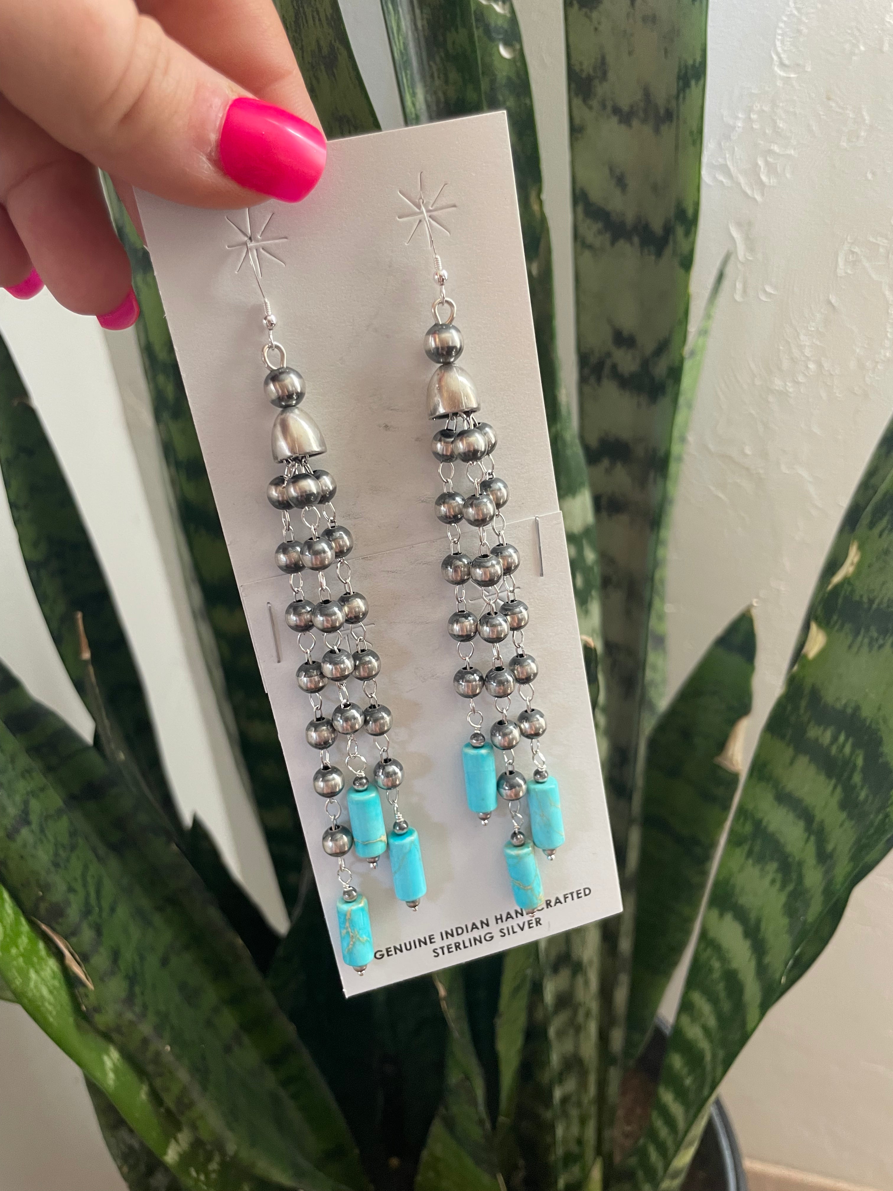 Pearl Sterling Silver Hand Made Turquoise Dangle Earrings