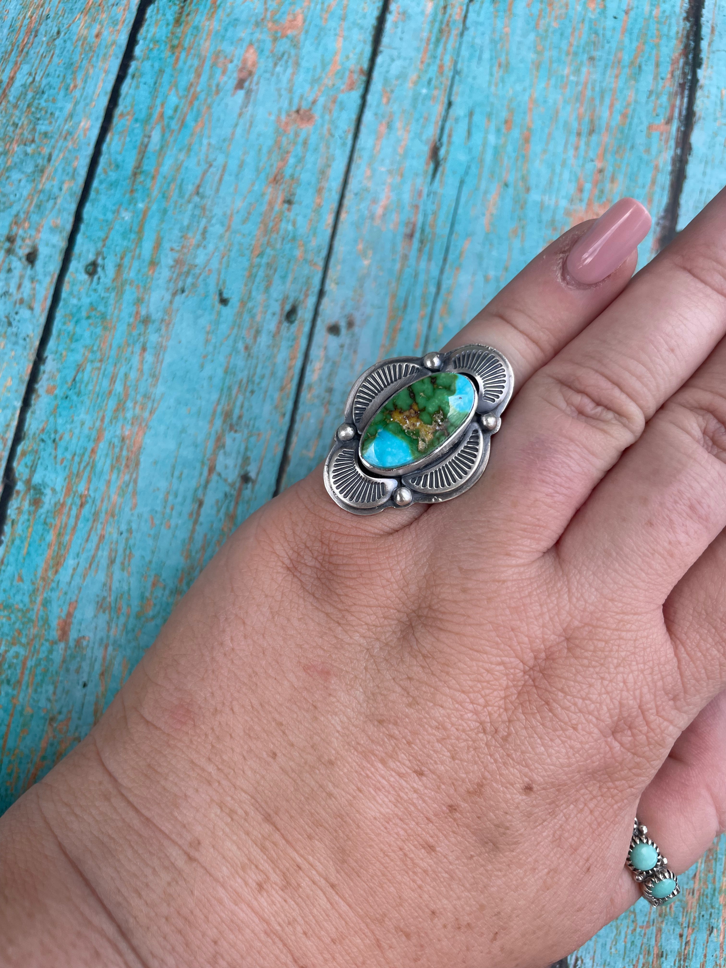 Navajo Sonoran Mountain Turquoise And Sterling Silver Statement Ring Size 7