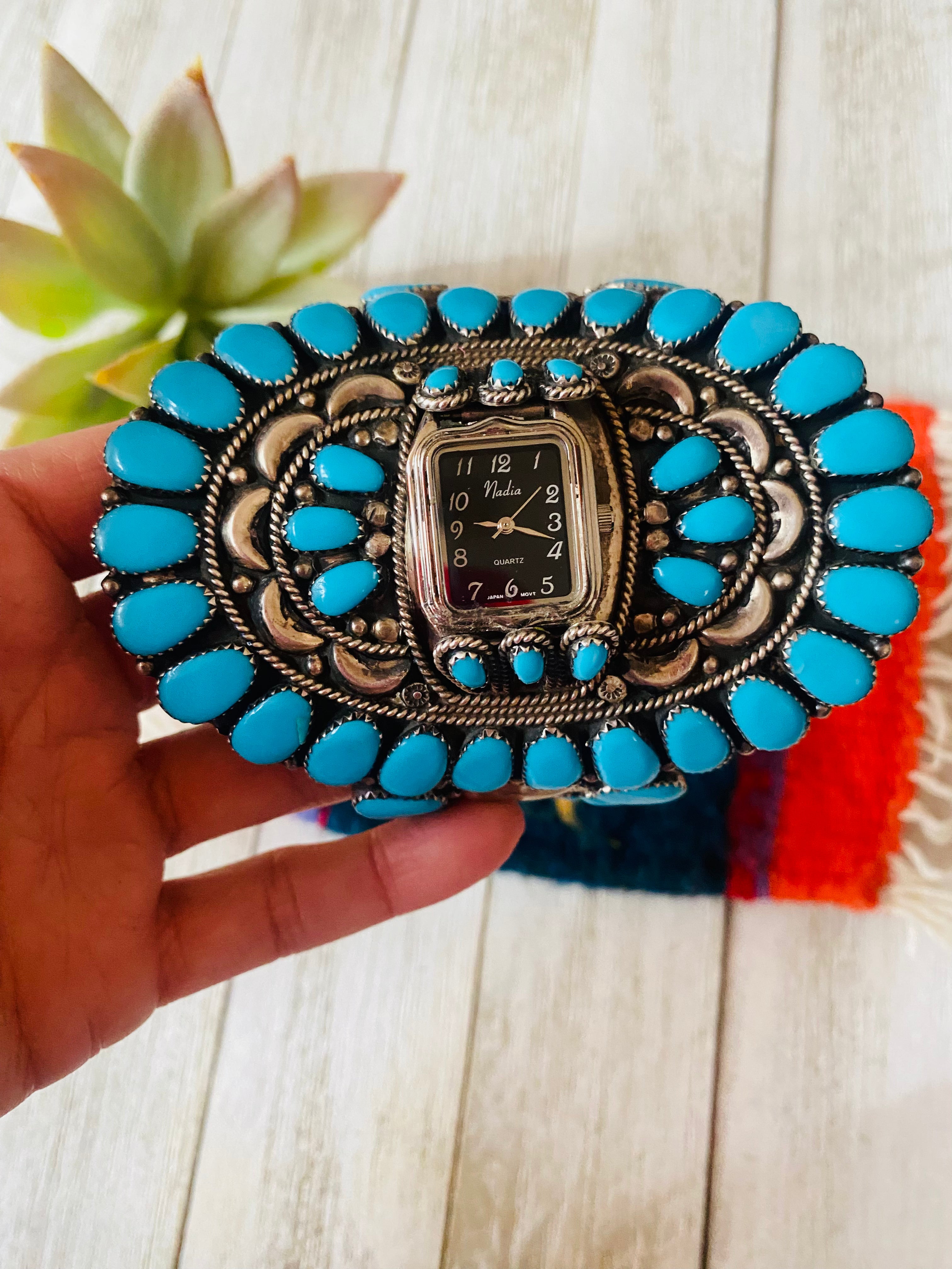 Old Pawn Vintage Navajo Turquoise & Sterling Silver Cluster Watch Cuff /