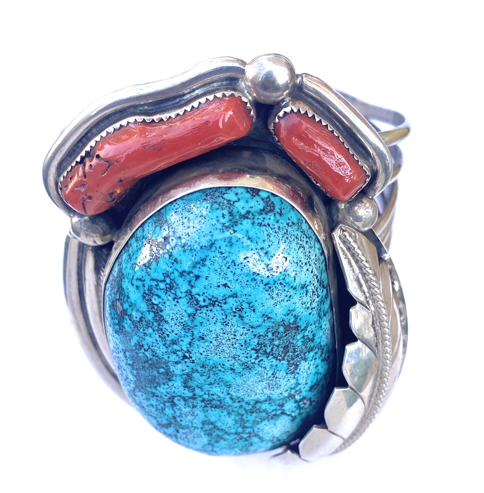 Handcrafted Incredible Bisbee Turquoise, Coral & Sterling Silver Jumbo Cuff Bracelet /