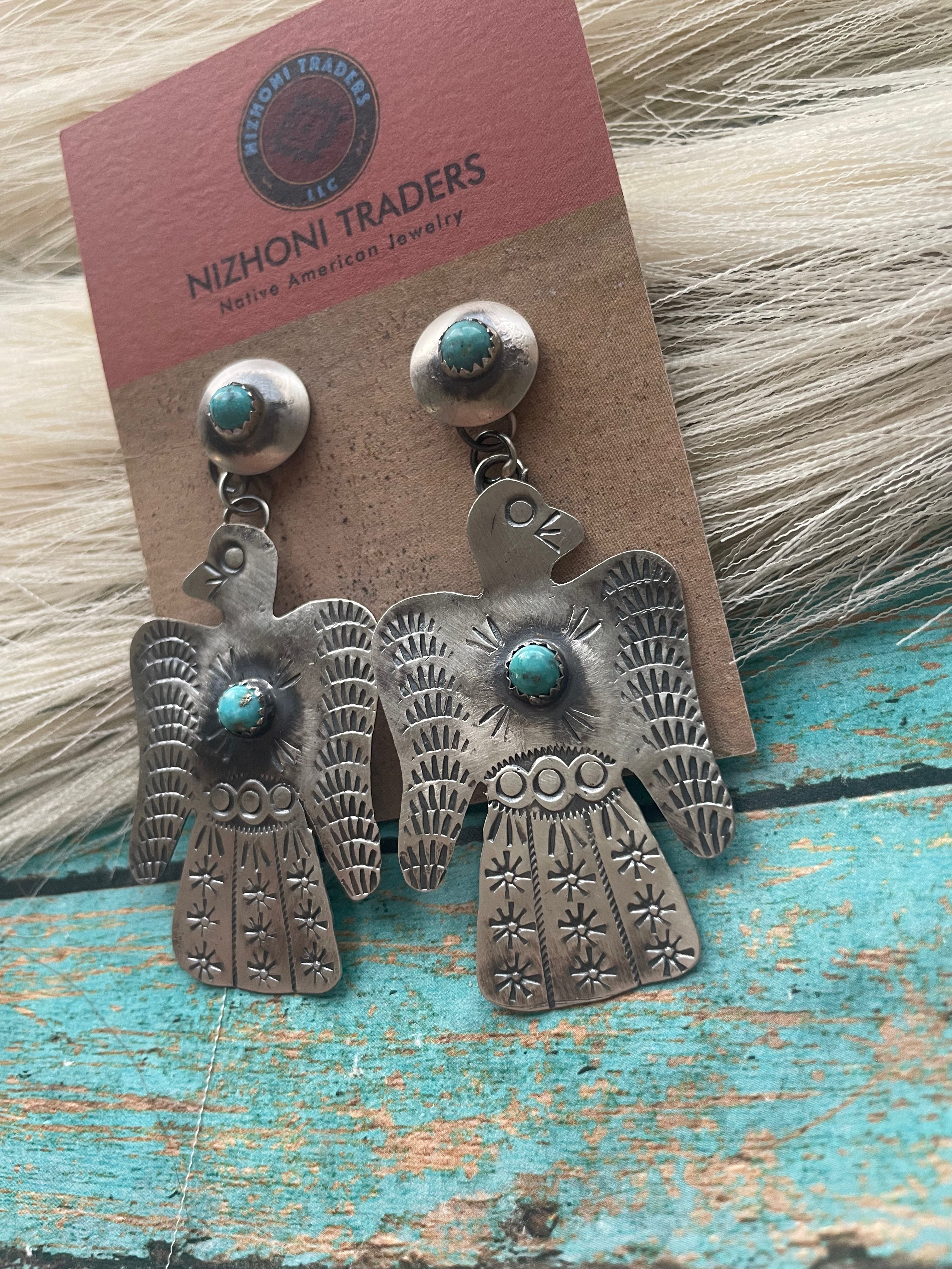 Handcrafted Turquoise & Sterling Silver Thunderbird Dangle Earrings By Tim Yazzie