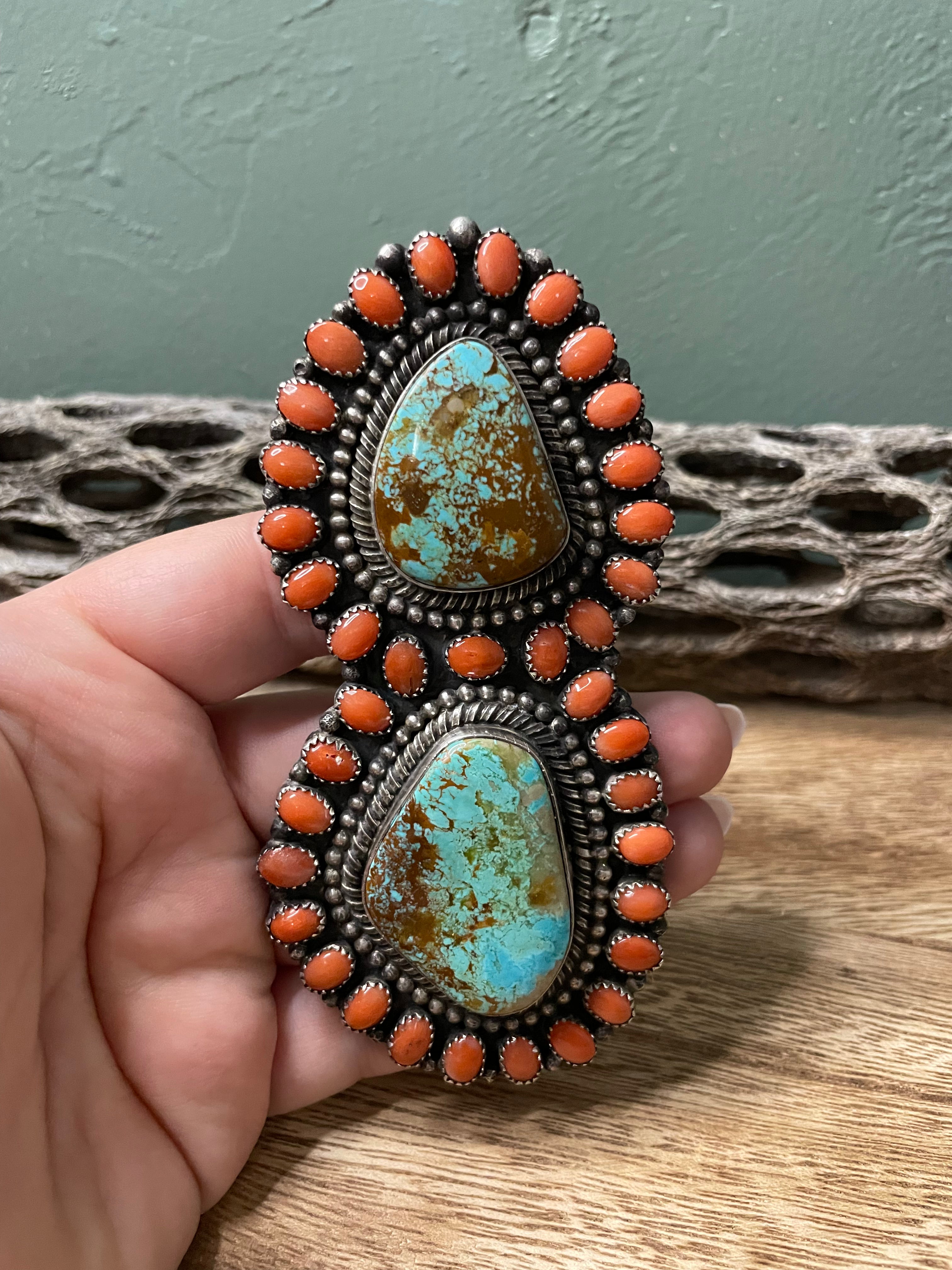 Navajo Sterling Silver Turquoise And Orange Spiny Statement Ring Sz 10