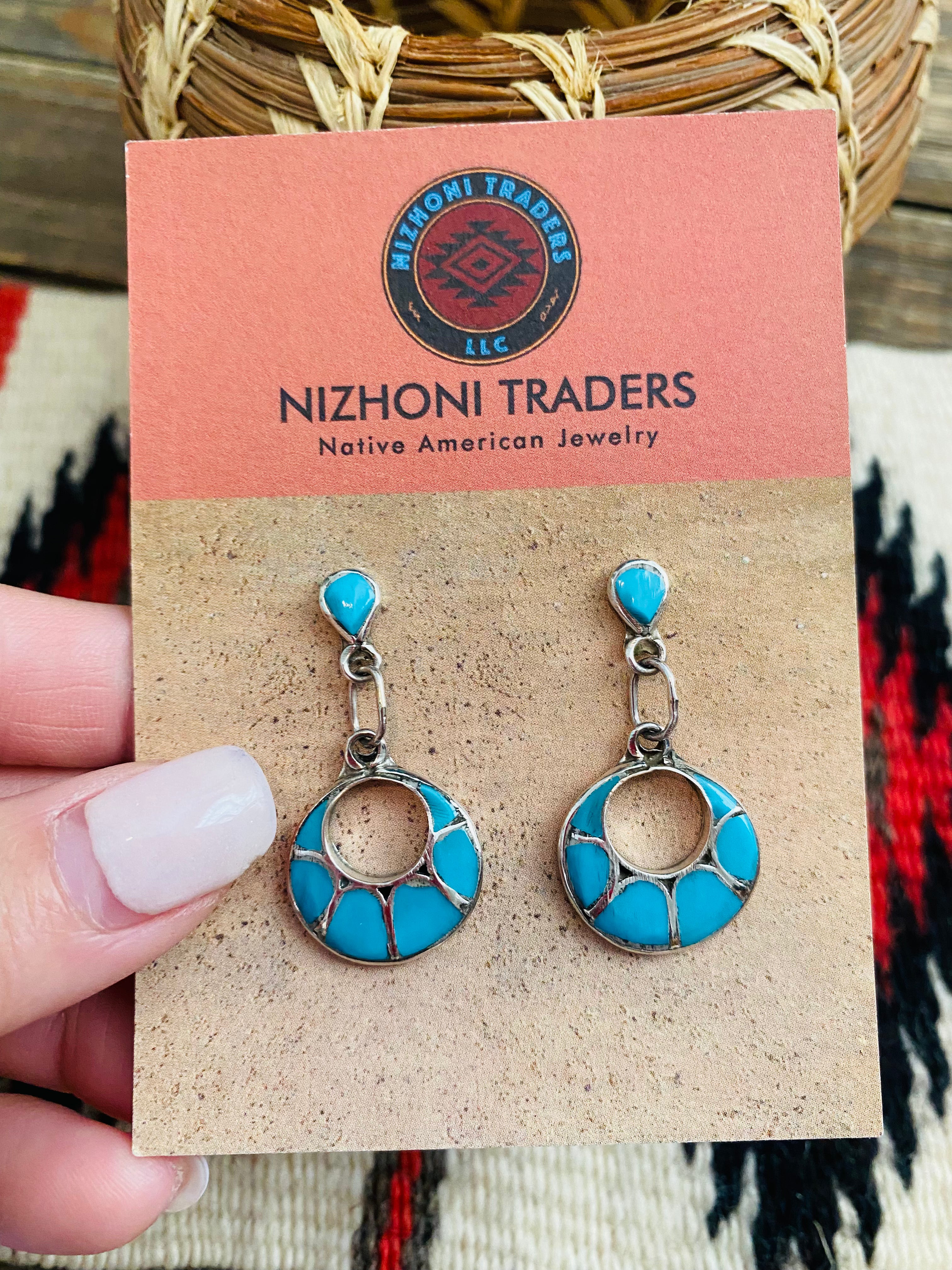 Handcrafted Sterling Silver & Turquoise Inlay Dangle Earrings