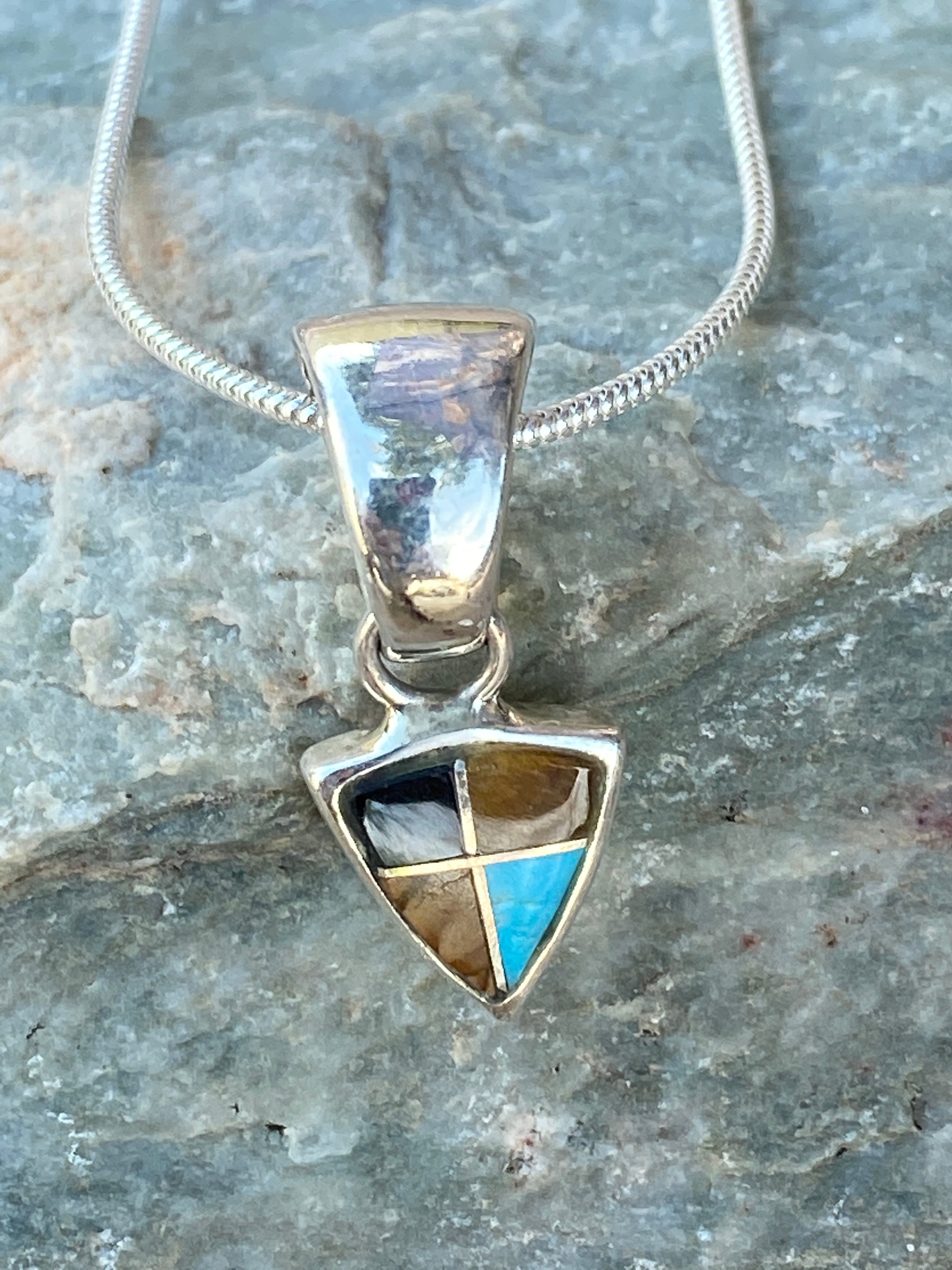 Handcrafted Turquoise, Onyx, Petrified Wood Triangle Pendant