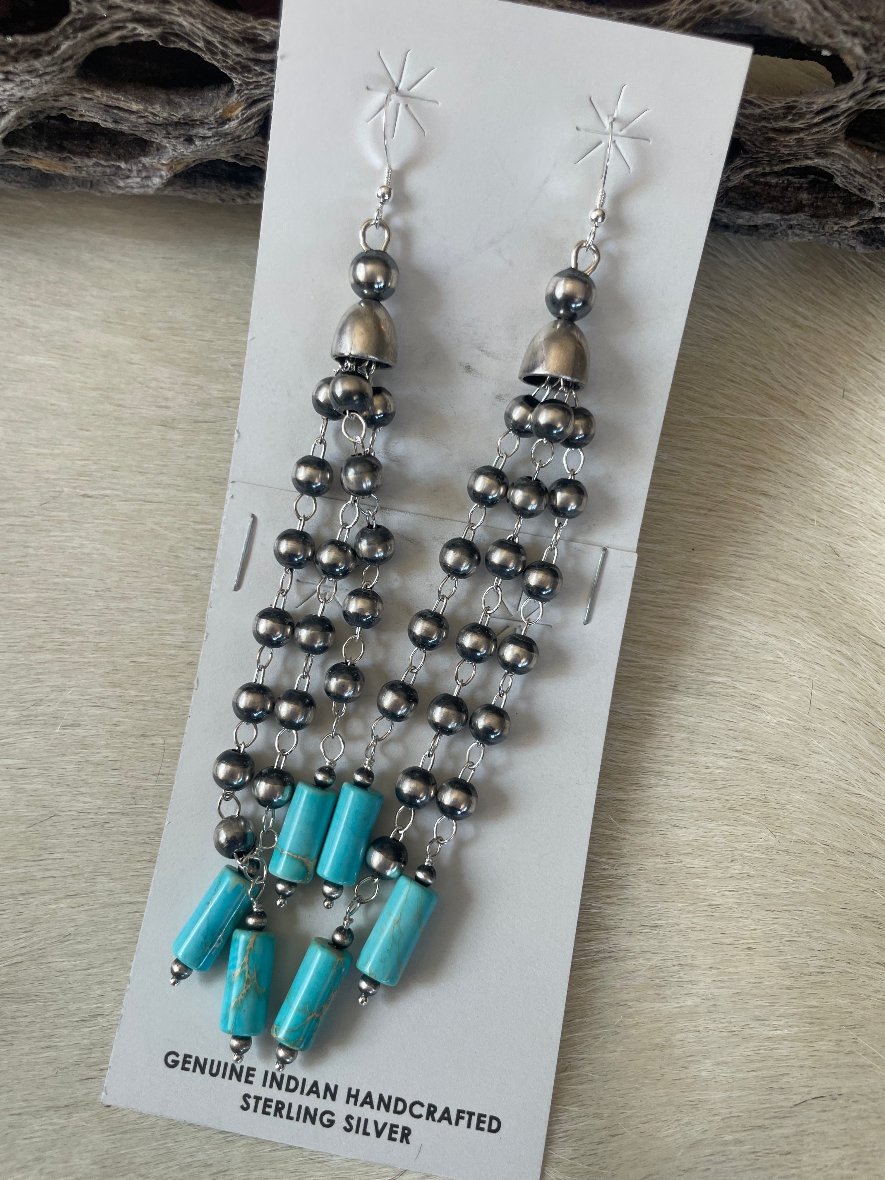 Pearl Sterling Silver Hand Made Turquoise Dangle Earrings