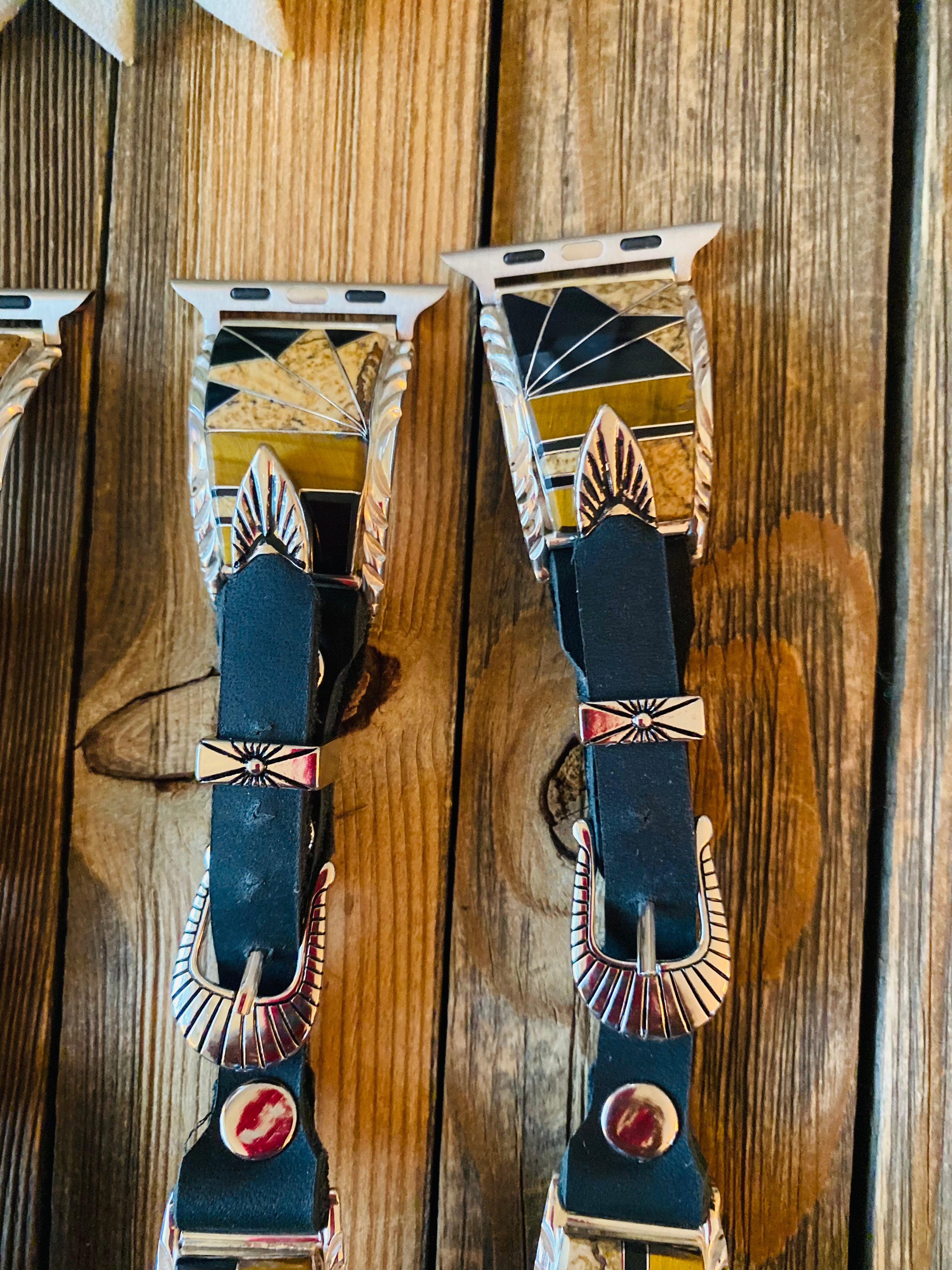 Handcrafted Multi Stone, Sterling Silver & Black Leather Smartphone Watch Band