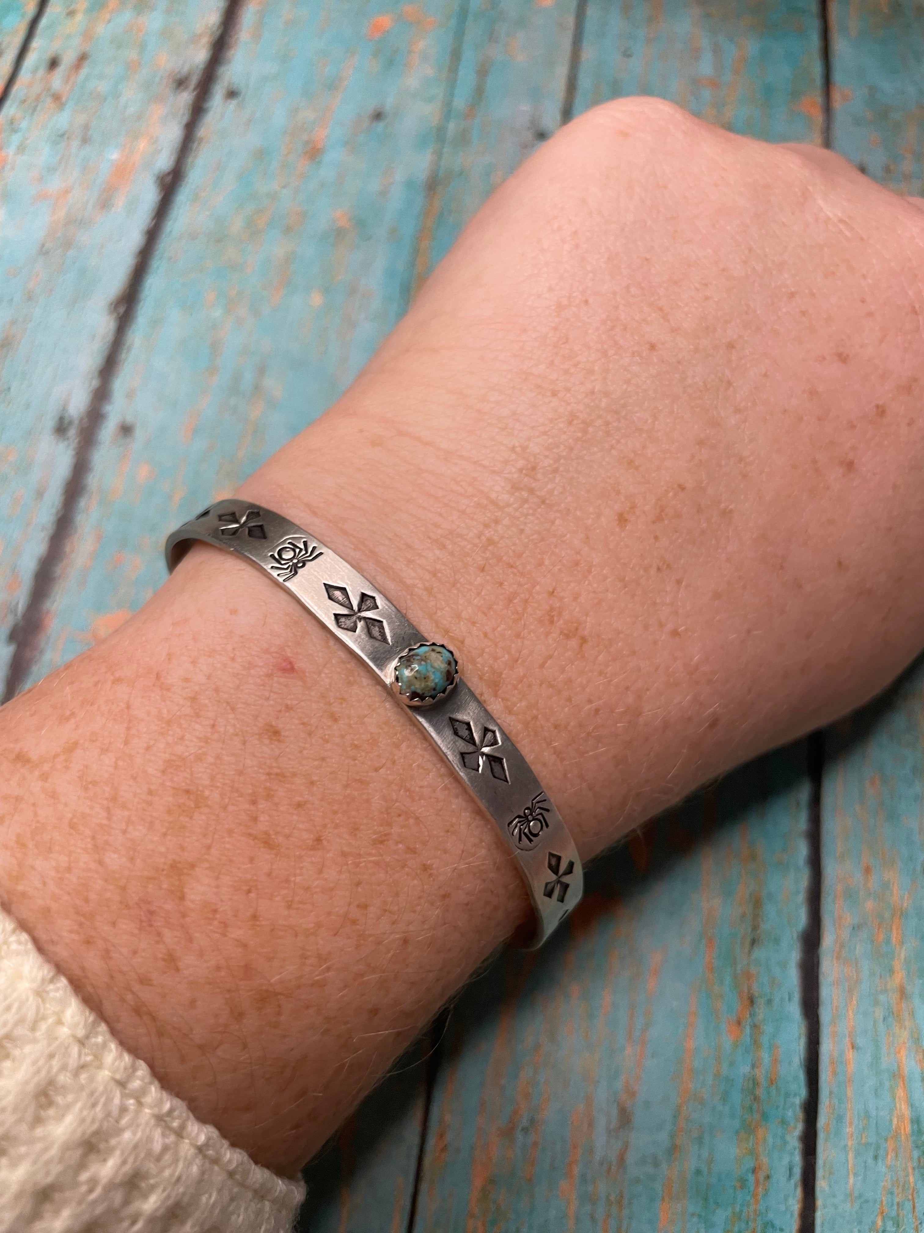 Handcrafted Hand Stamped Sterling Silver & Turquoise Cuff Bracelet Signed B Shorty