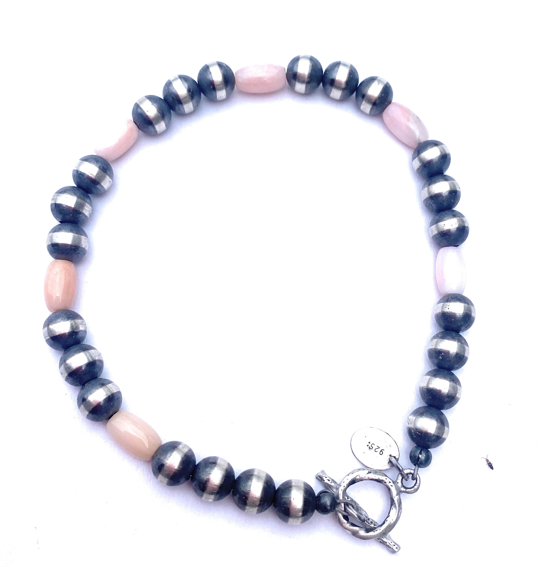 Handcrafted 6mm Sterling Silver Pearl & Pink Opal Beaded Bracelet