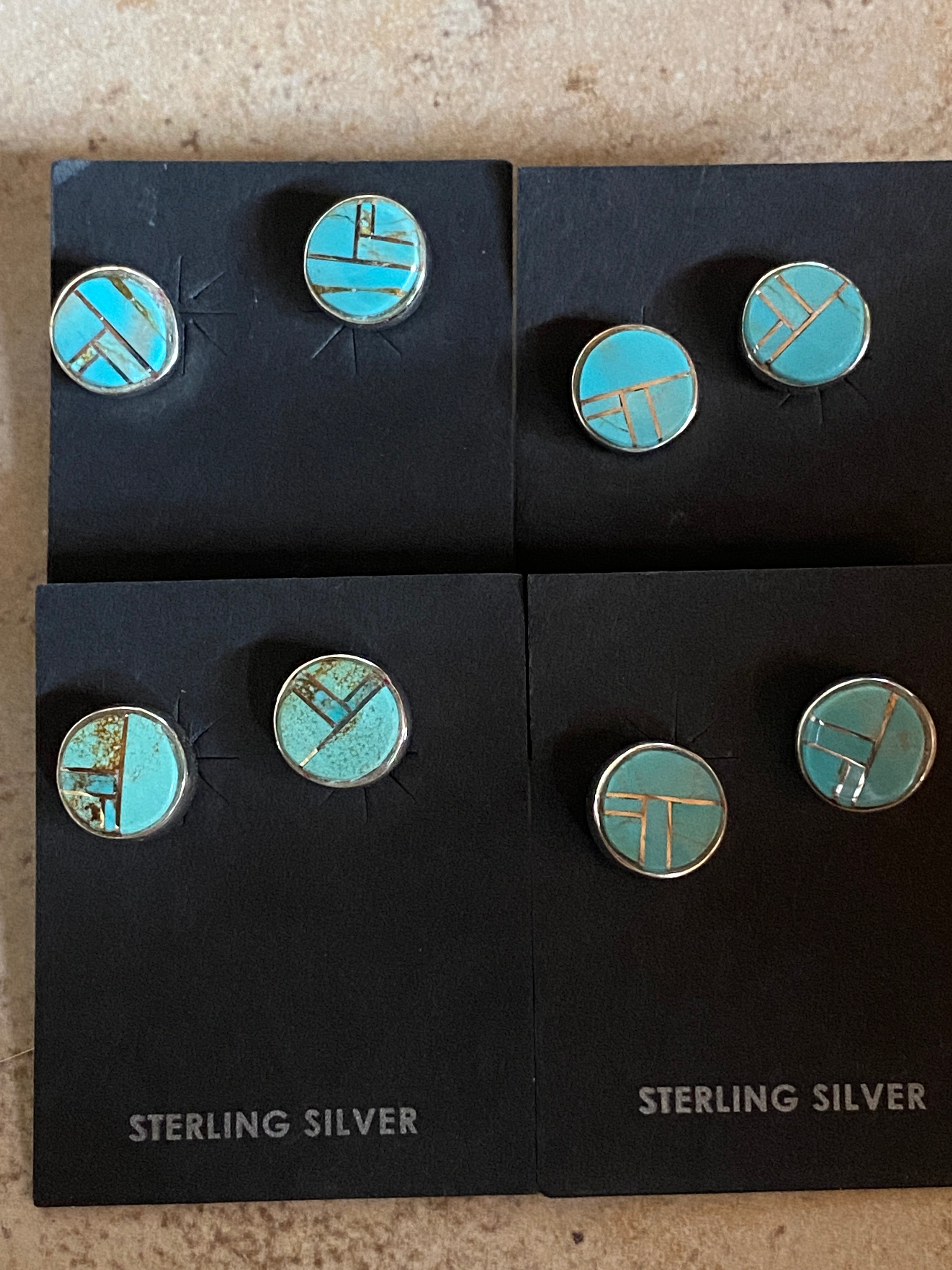 Handcrafted Turquoise & Sterling Silver button Stud Earrings set 1