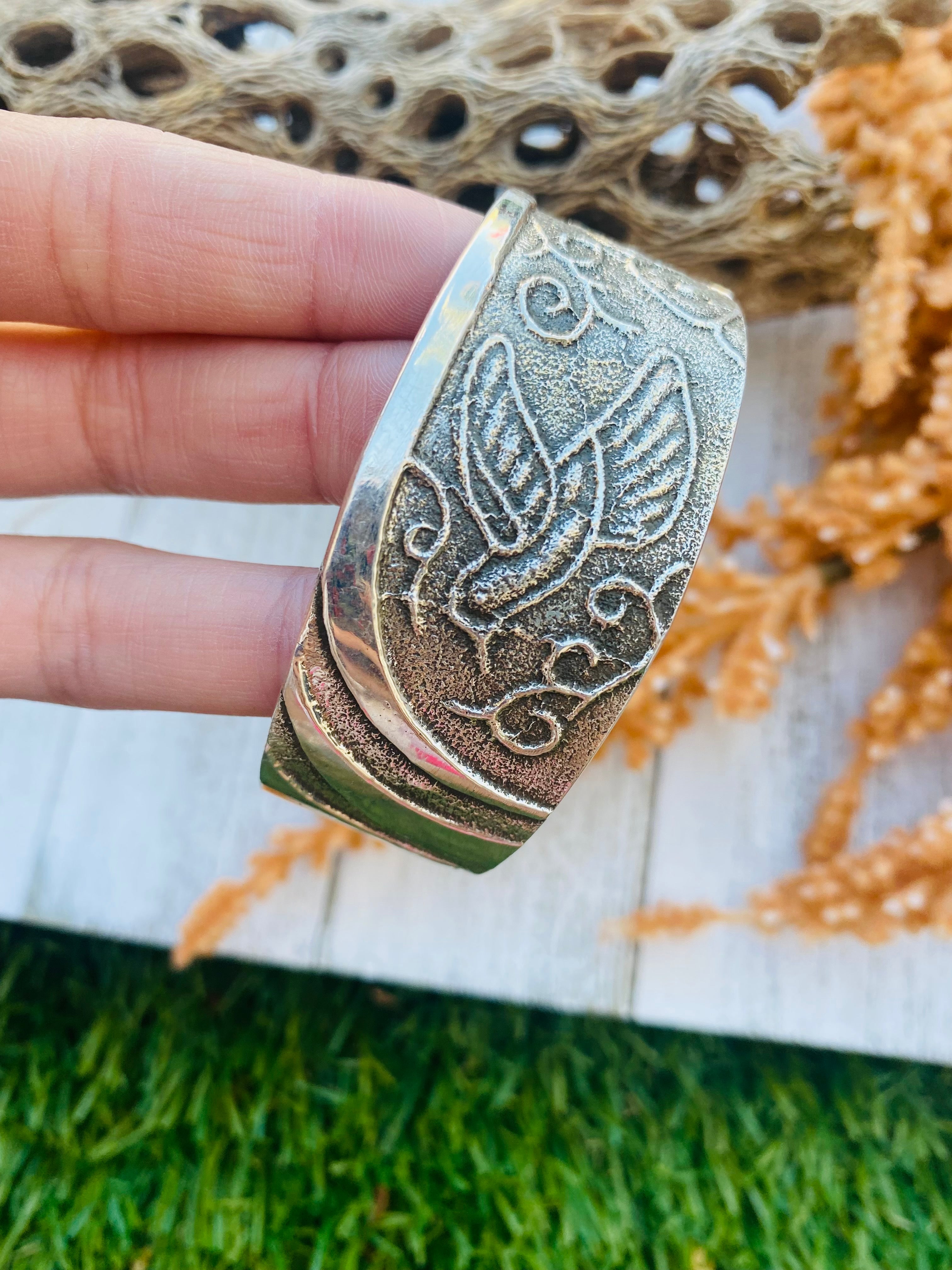 Handcrafted Vintage Sterling Silver Tufa Cast Hummingbird Cuff Bracelet