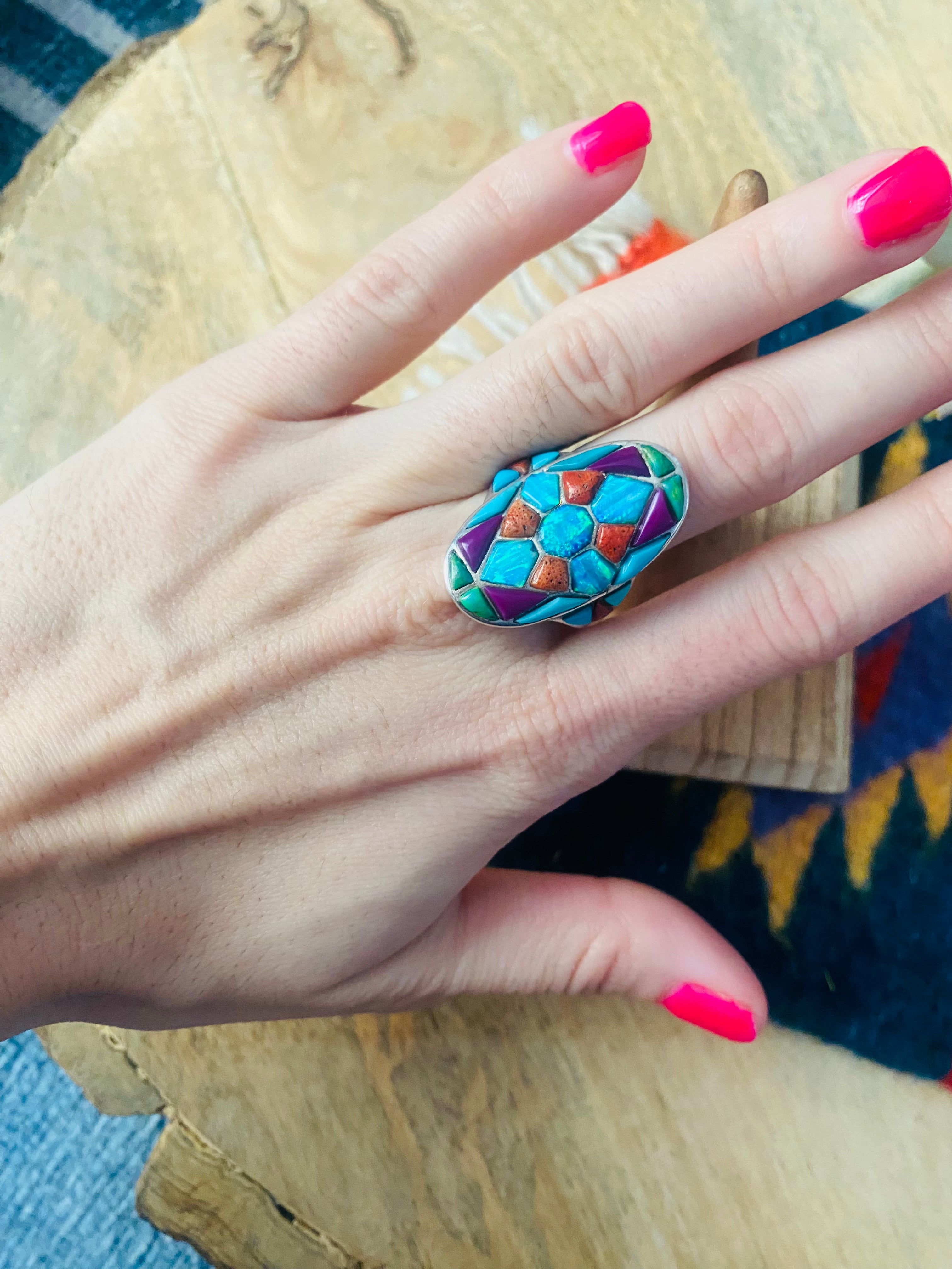 Handmade Sterling Silver & Multi Stone Inlay Ring Size 9.5