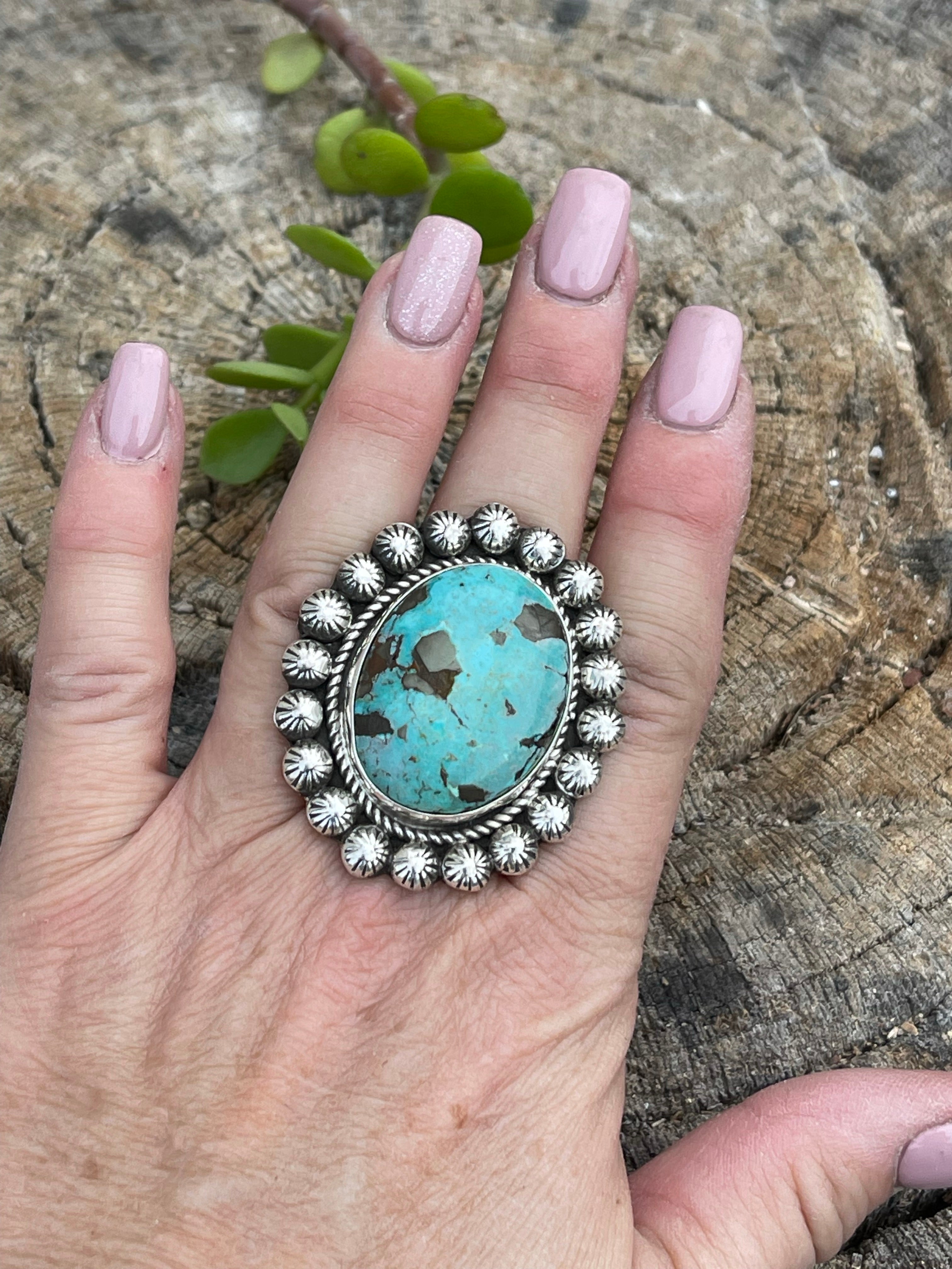 Handcrafted Sterling Silver Turquoise Oval Ring Sz 8