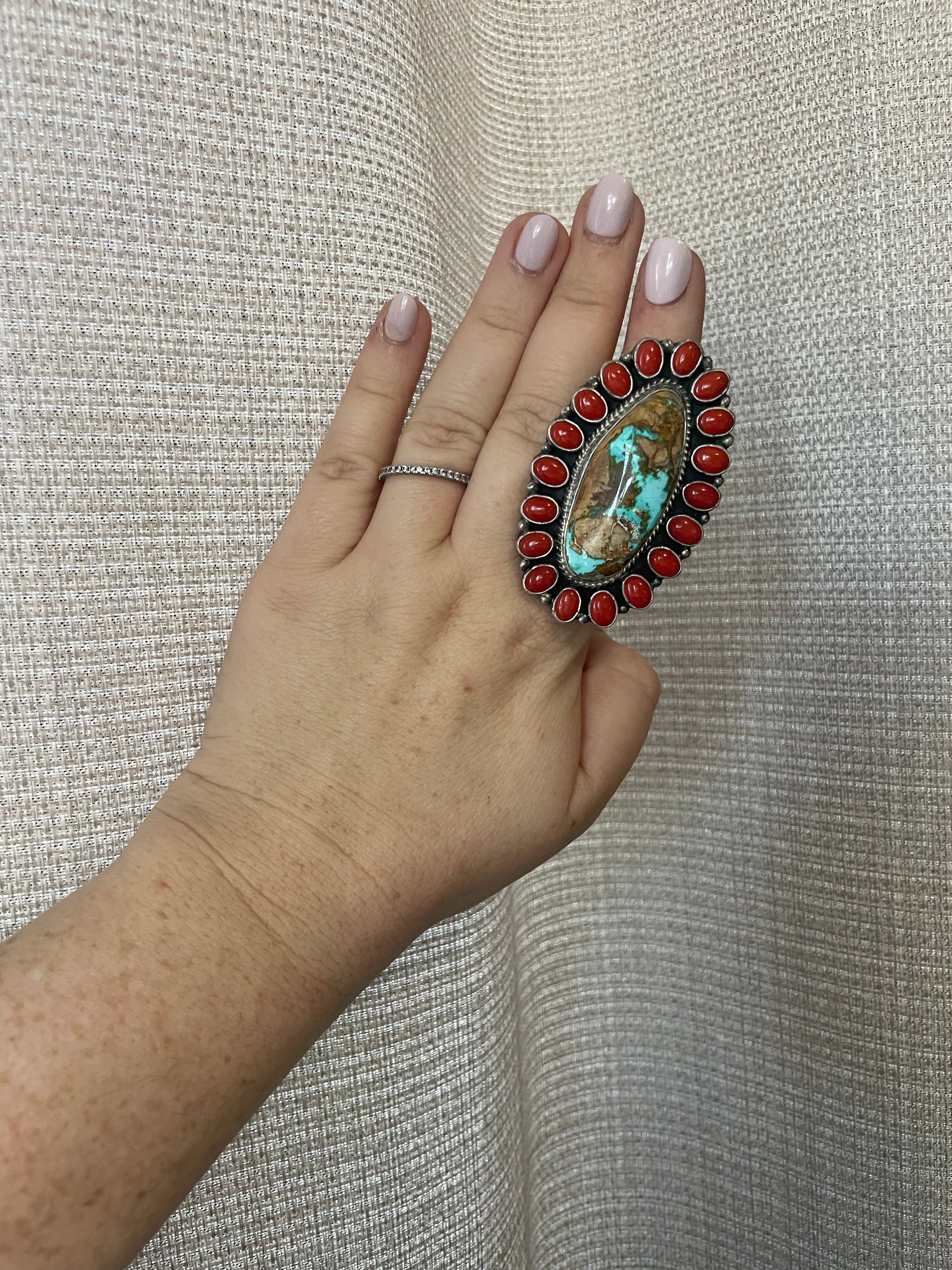 Navajo Number 8 Turquoise, Coral & Sterling Silver Ring Size 8 Signed G James
