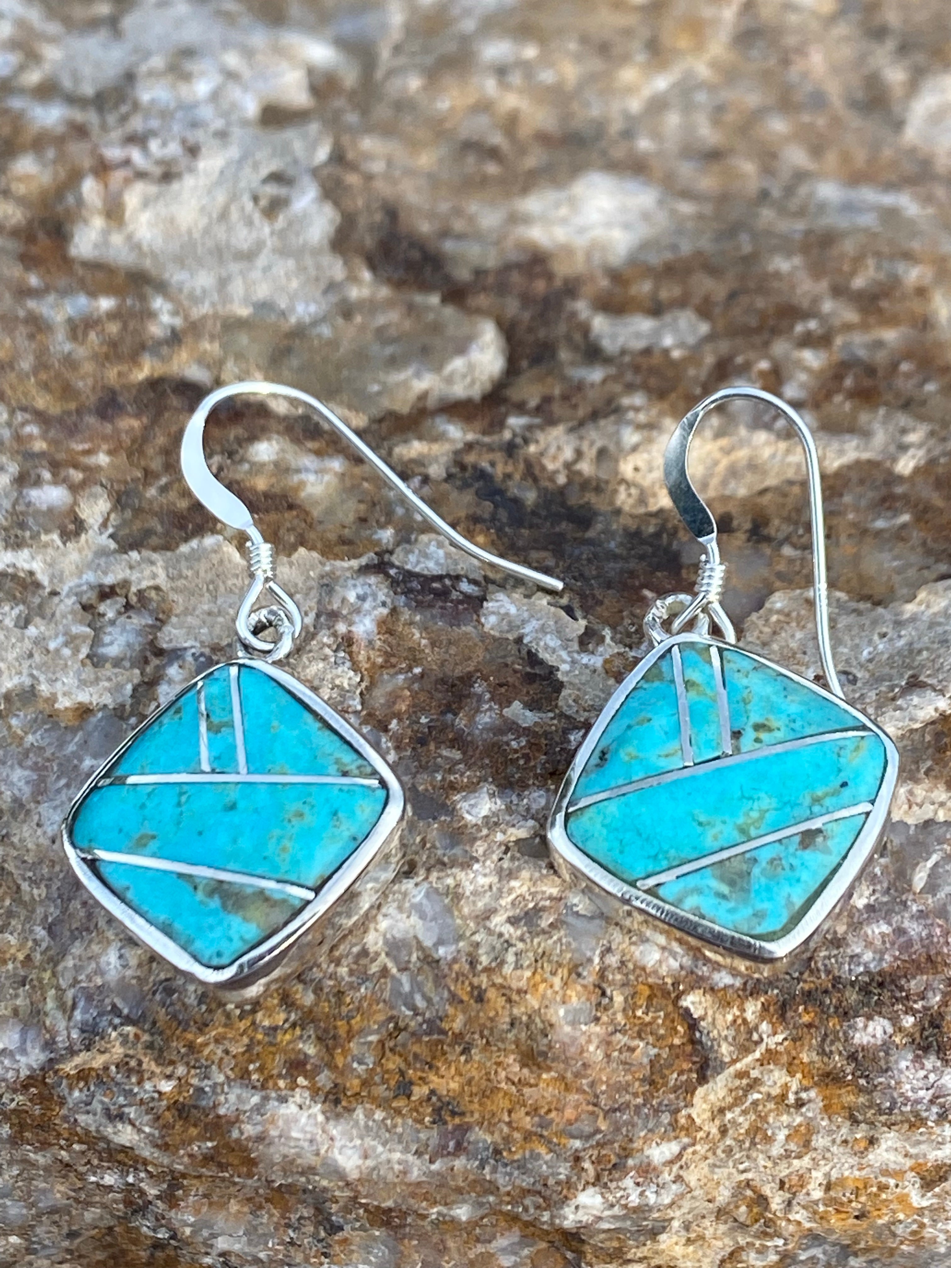 Handcrafted Turquoise 8 & Sterling Silver Mini Square Dangle Earrings