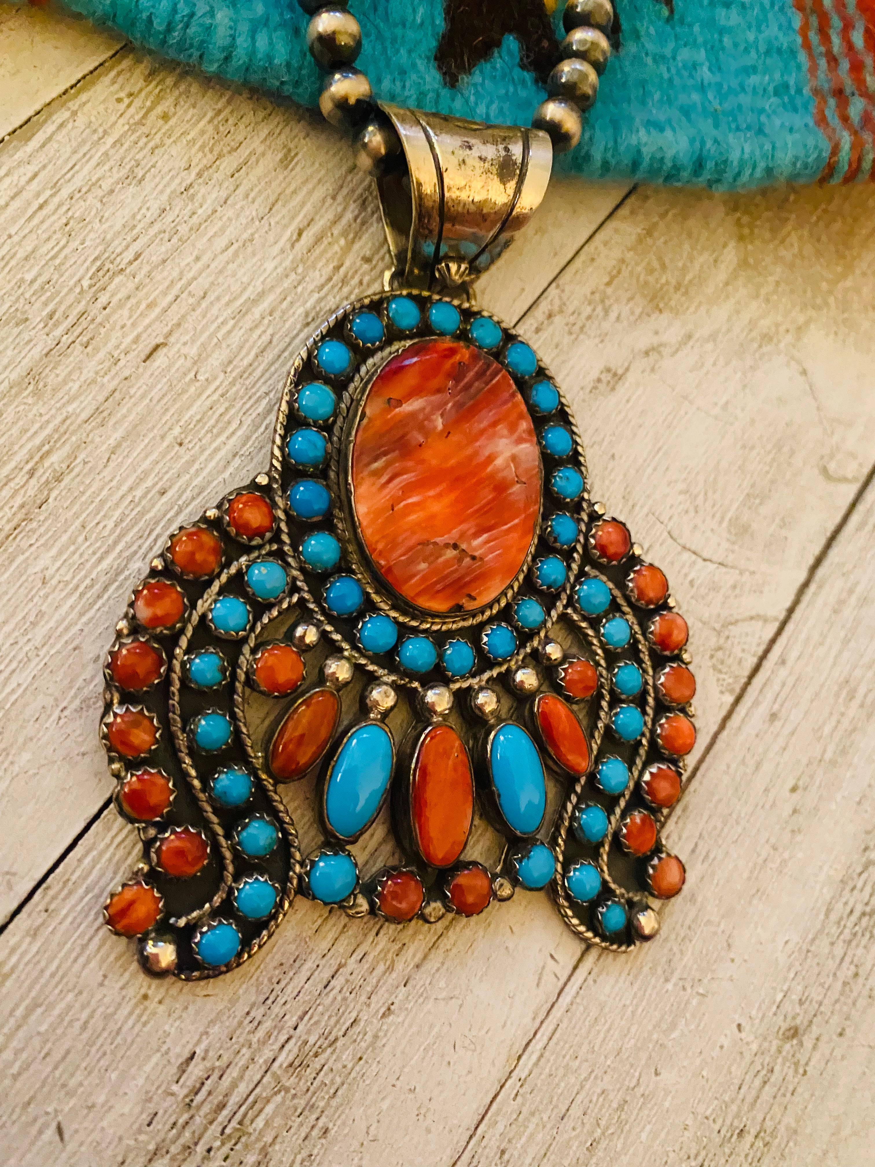 Navajo Sterling Silver & Multi Stone Cluster Pendant by Lorenzo James
