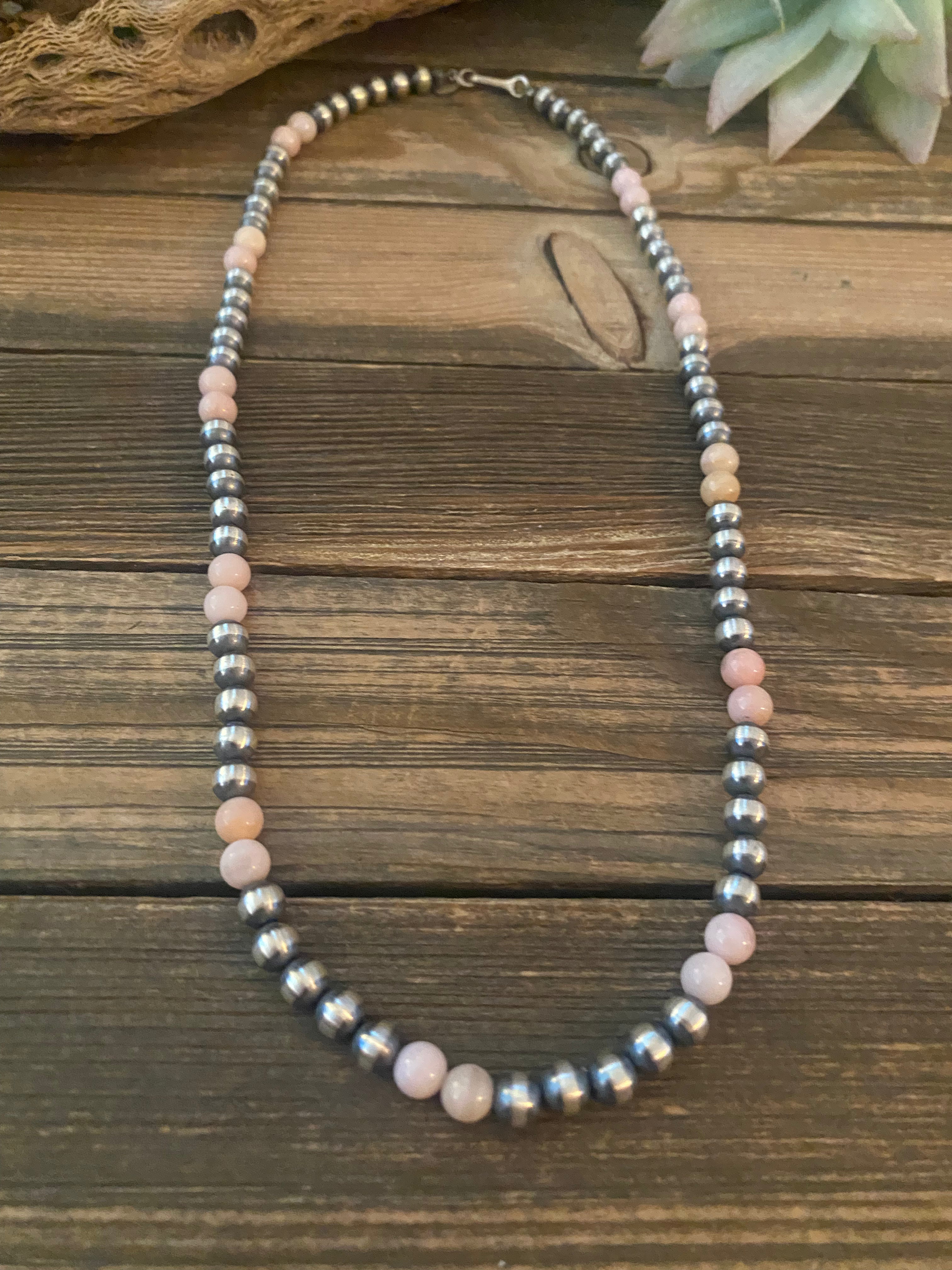 Handcrafted Sterling Silver Pearl & Pink Opal Beaded Necklace 30 inch
