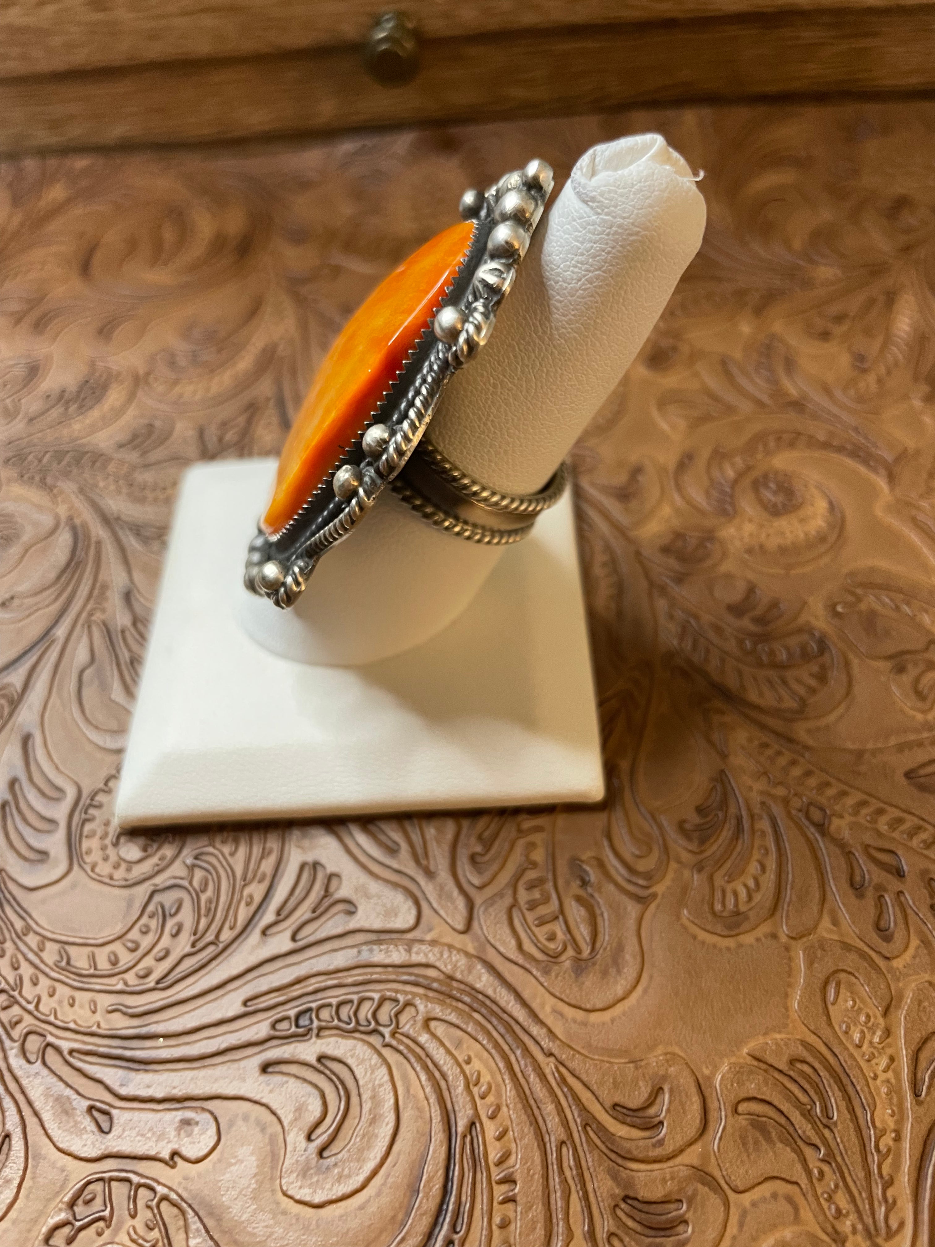 Handcrafted Sterling Silver And Orange Spiny Ring Size 8