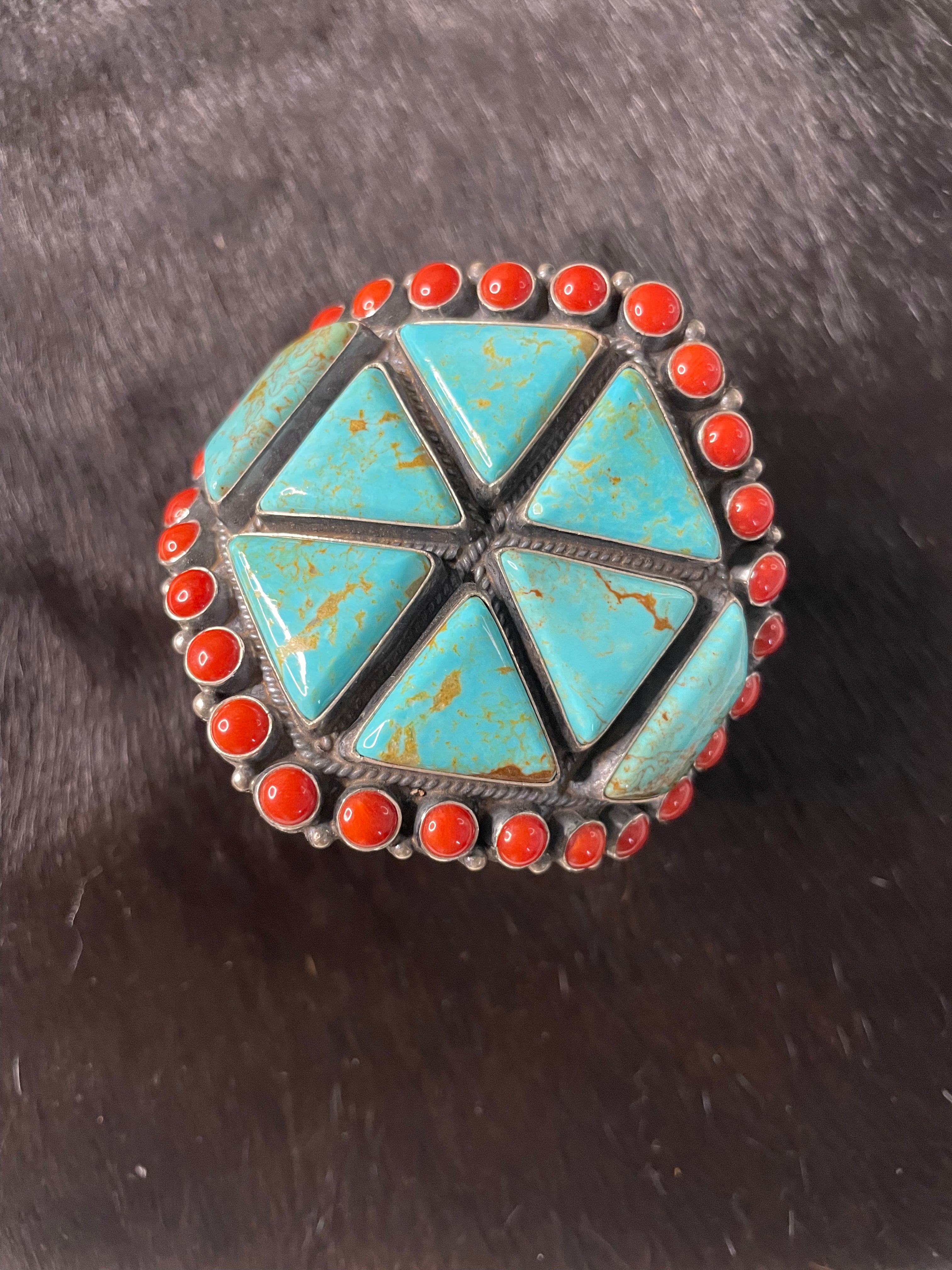 Anthony Skeets Handcrafted Turquoise, Coral & Sterling Silver Cuff Bracelet Signed /