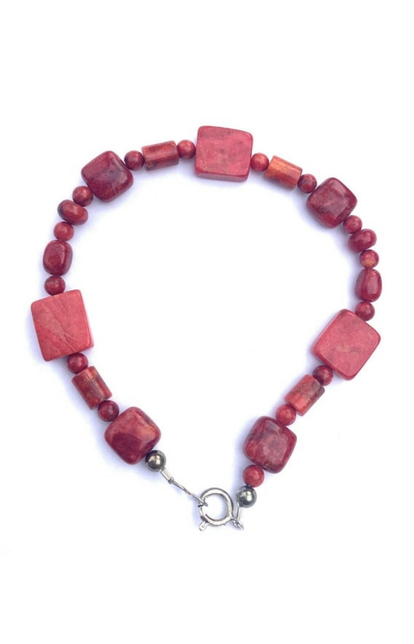 Handcrafted Apple Coral & Sterling Silver Beaded Bracelet